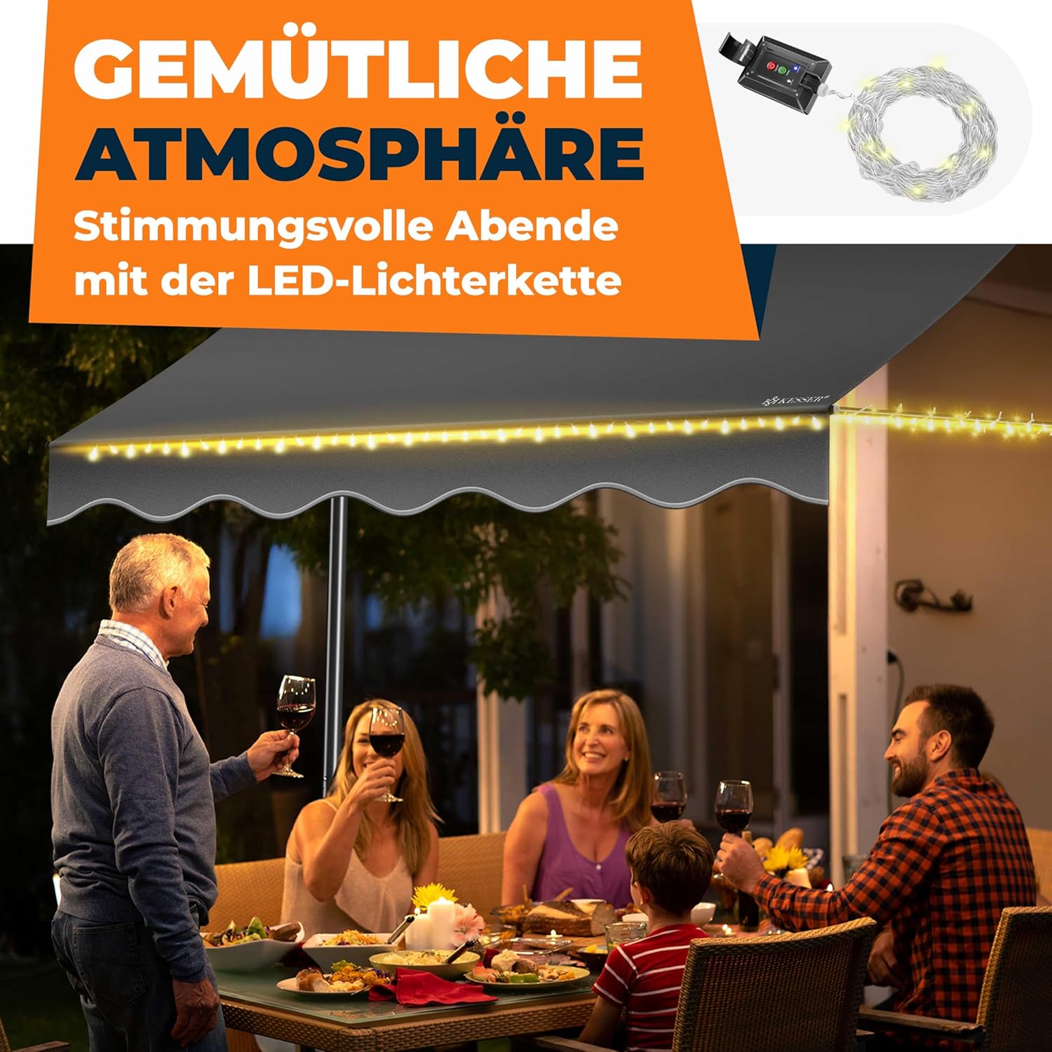 Thumbnail 5 de KESSER Klemmmarkise mit Handkurbel & LED-Lichterkette (Balkonmarkise, ohne Bohren) – 250 x 180 cm