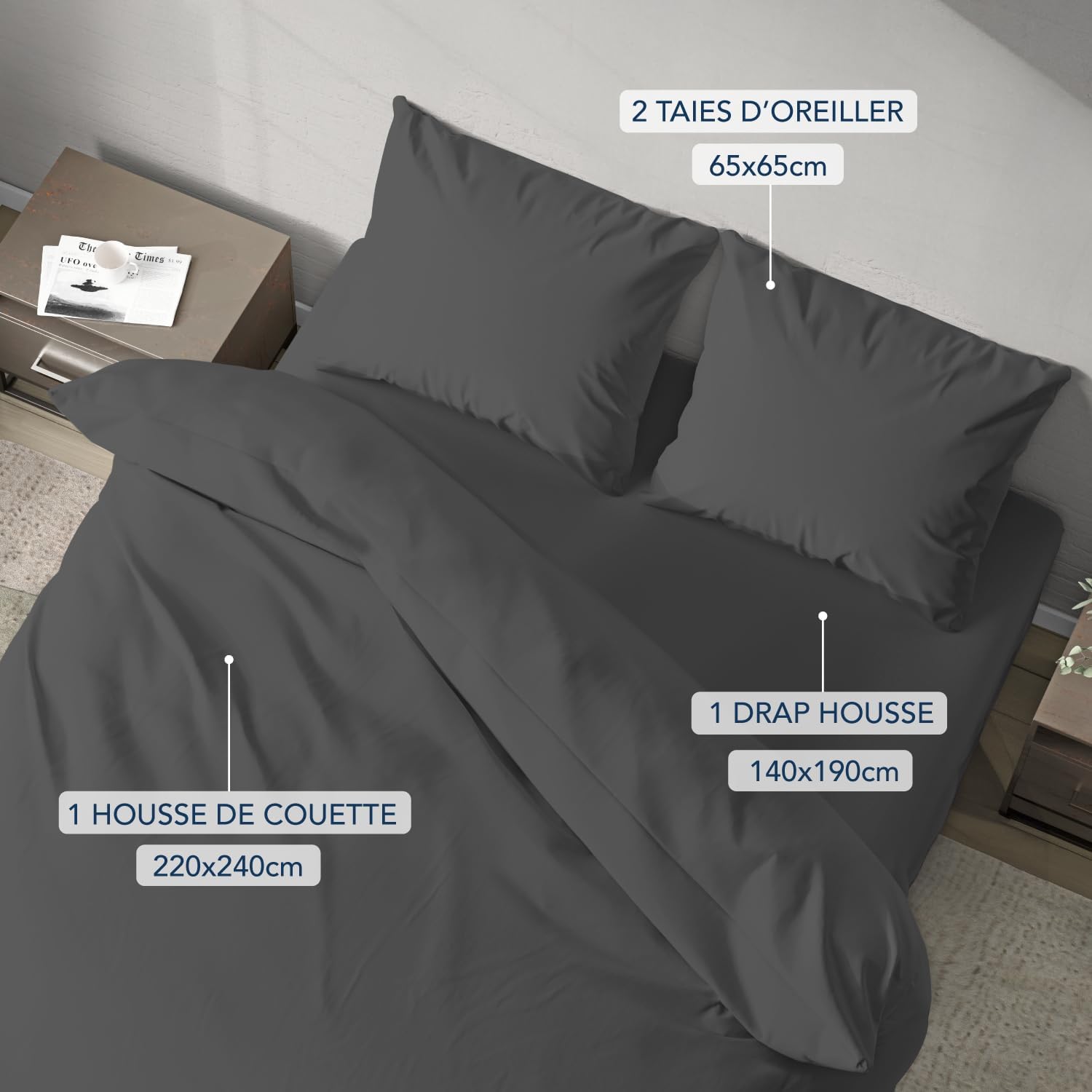 Thumbnail 1 de Dreamzie Parure de lit 140x190 4 pièces en microfibre (housse de couette 240x220 + drap housse) Oeko-Tex