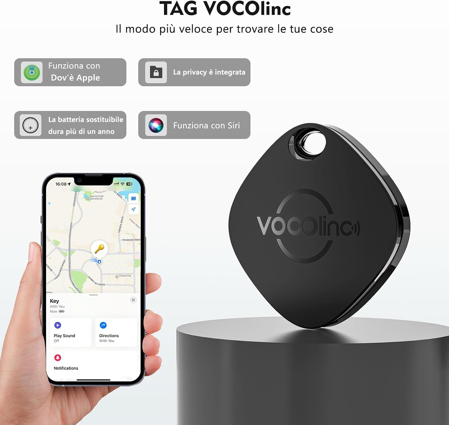Detalle 2 de VOCOlinc Air Tag Tracker 2 Pezzi: Localizzatore Bluetooth compatibile solo iOS, design leggero e batteria sostituibile