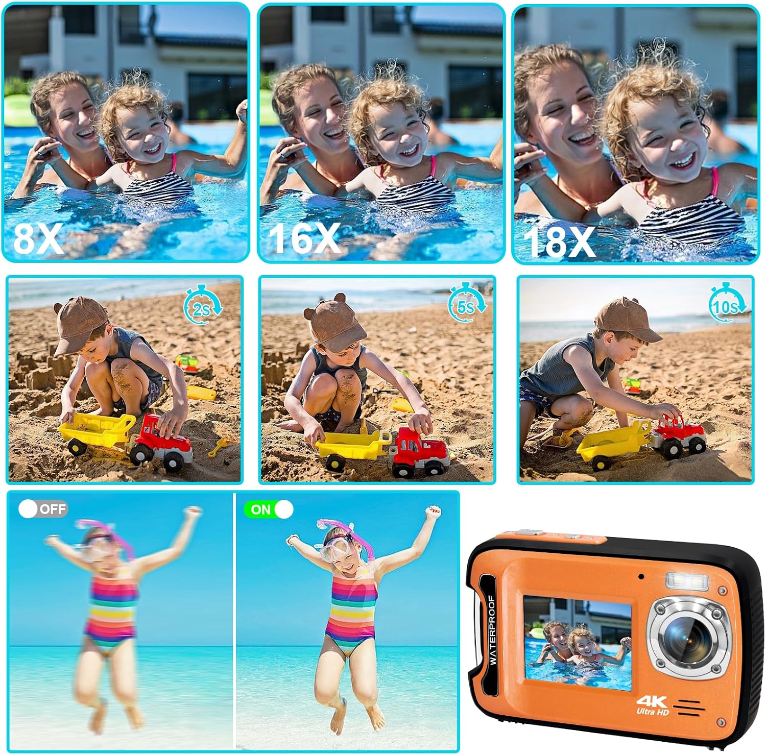 Detalle de 4K 48MP Waterproof Camera for Snorkeling with Dual Screens (17ft) and 32GB Card
