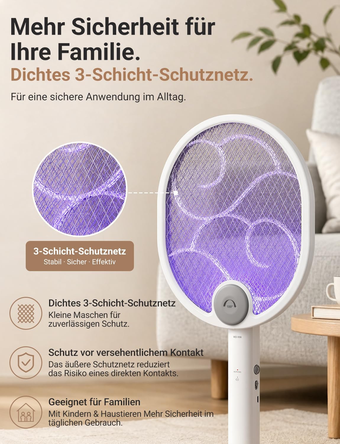 Detalle 1 de WOCVRYY Elektrische Fliegenklatsche 4000V 3-in-1