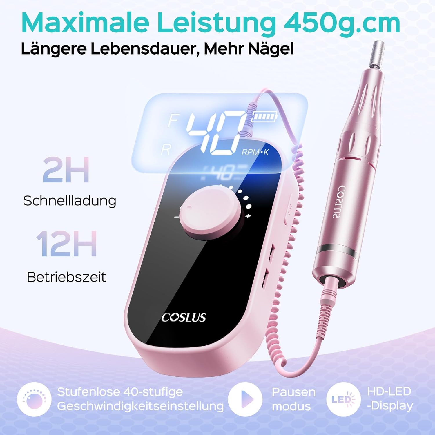 Thumbnail 3 de COSLUS E51 Elektrische Nagelfräser (6-in-1) mit 0–40.000 U/min, Akku & Zubehör für Maniküre und Pediküre