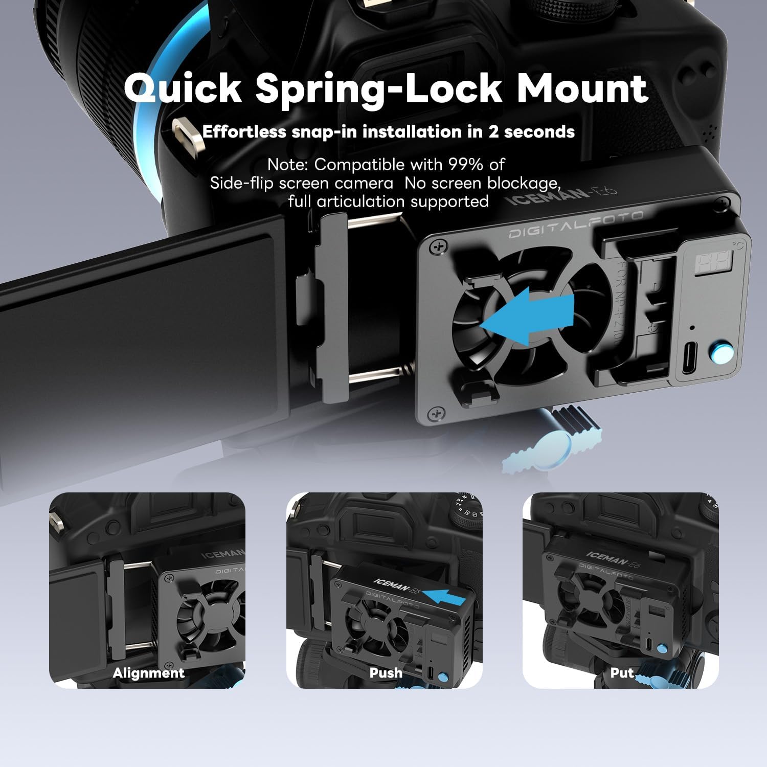 Thumbnail 3 de ICEMAN-E6 Camera Cooler for Canon R5/R6/90D/SX70 and More | TEC Cooling Fan with LED Display