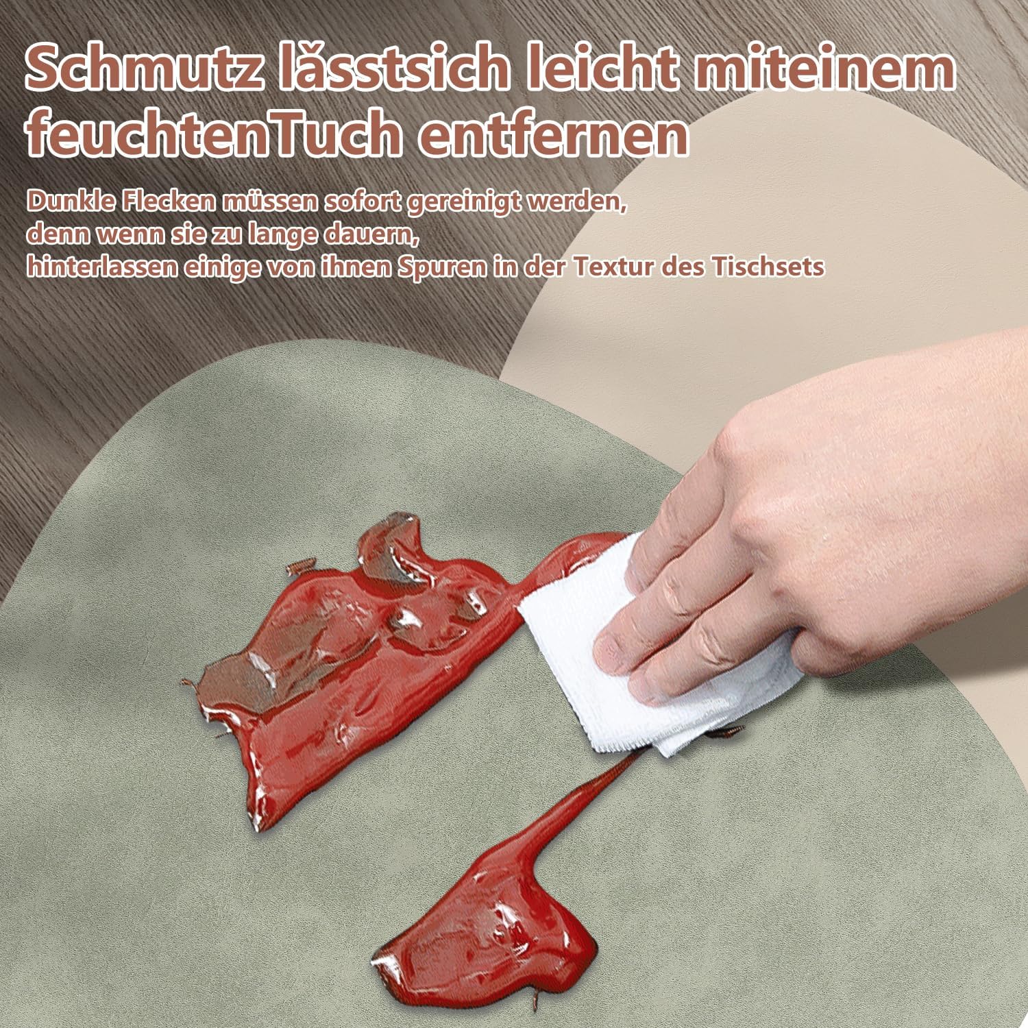 Detalle 2 de HELI MIAO 6er Set Tischsets aus Leder-Imitat – wasserdichte, abwaschbare Platzsets mit rutschfester Unterseite (Oval, Hellgrün+Beige)
