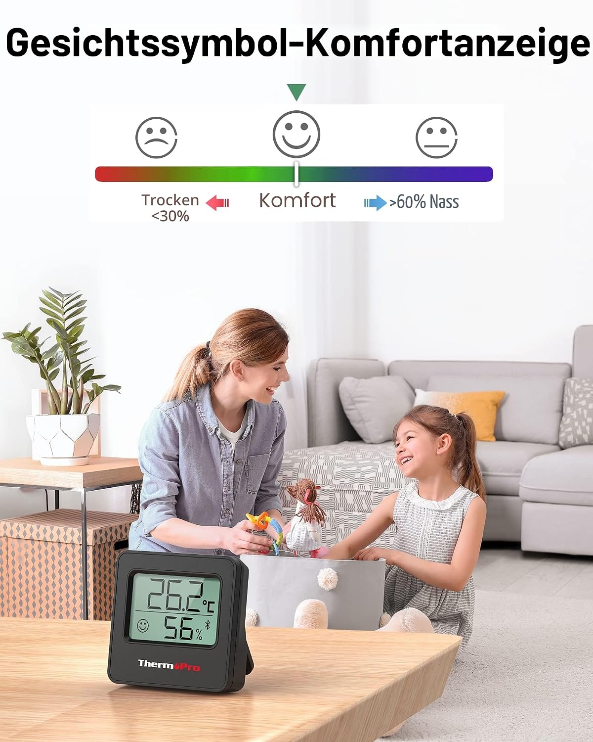 Detalle de ThermoPro TP157 Mini Hygrometer Thermometer für innen – Temperatur & Luftfeuchtigkeit mit Smiley-Indikator