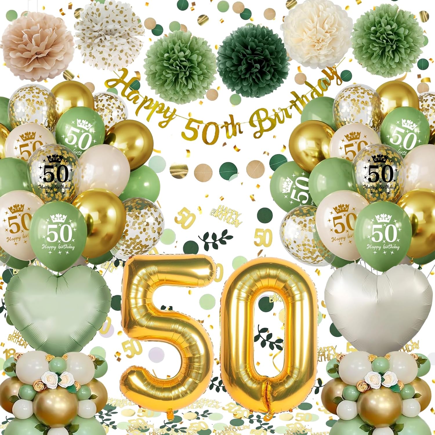 Detalle de 50th Birthday Decoration for Women and Men – Green & Gold Balloons Set (Reusable)