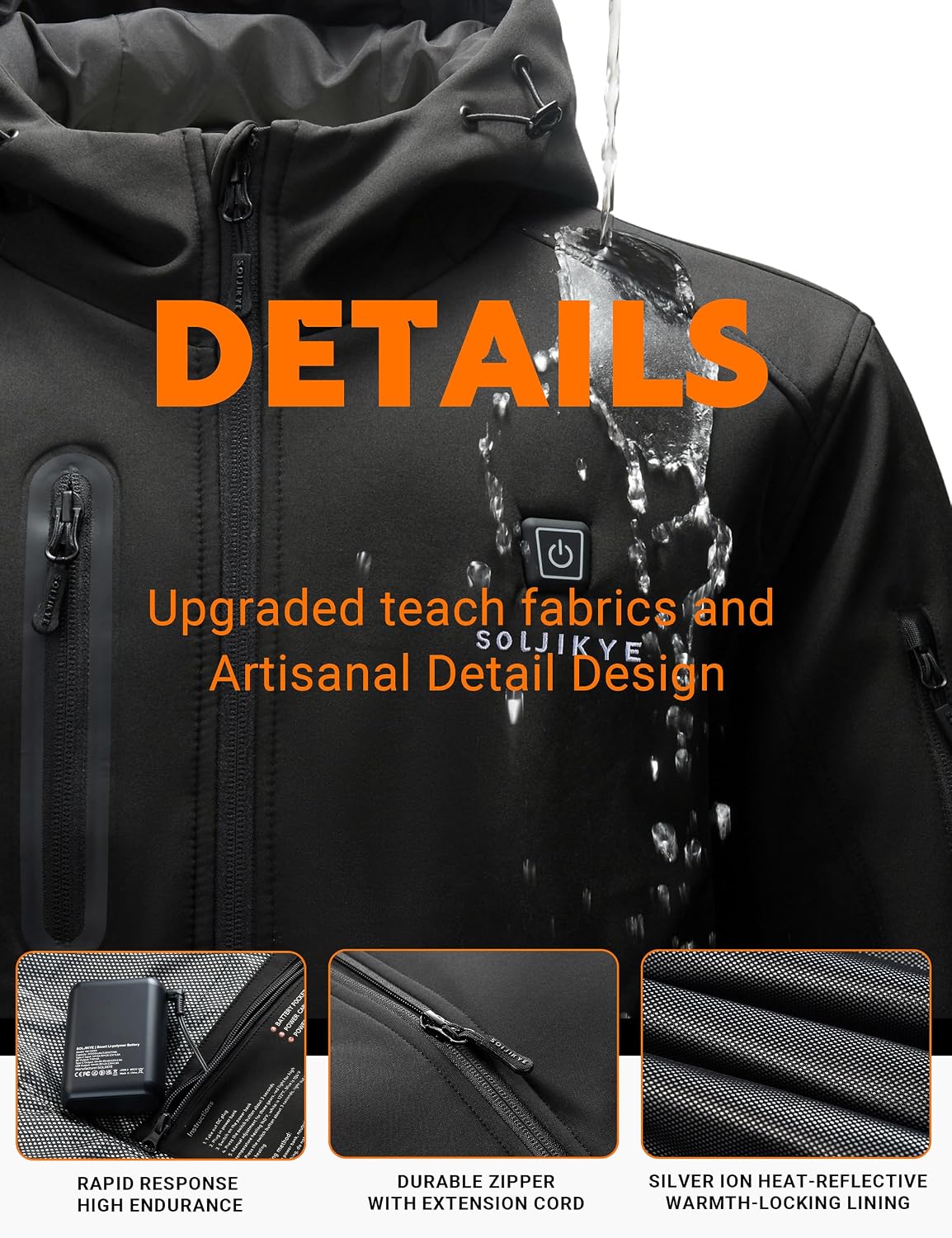Detalle 2 de SOLJIKYE Men's Heated Softshell Jacket, 8 Heating Zones, 3 Settings, 20,000mAh Battery