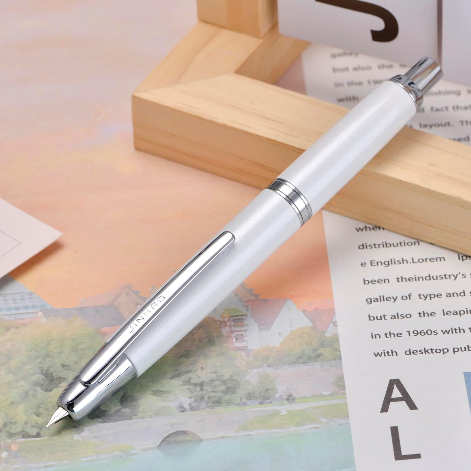 Detalle 2 de Jinhao 10 Series Press Pearl White Extra Fine fountain pen set with ink converter (metal pen box)