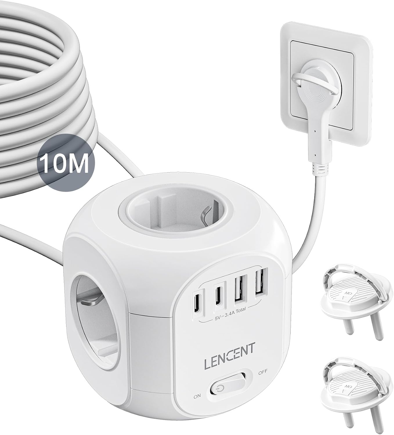 Detalle de LENCENT SL-805E-F-10M grenuttag med 10 m kabel, 4 uttag och USB-C