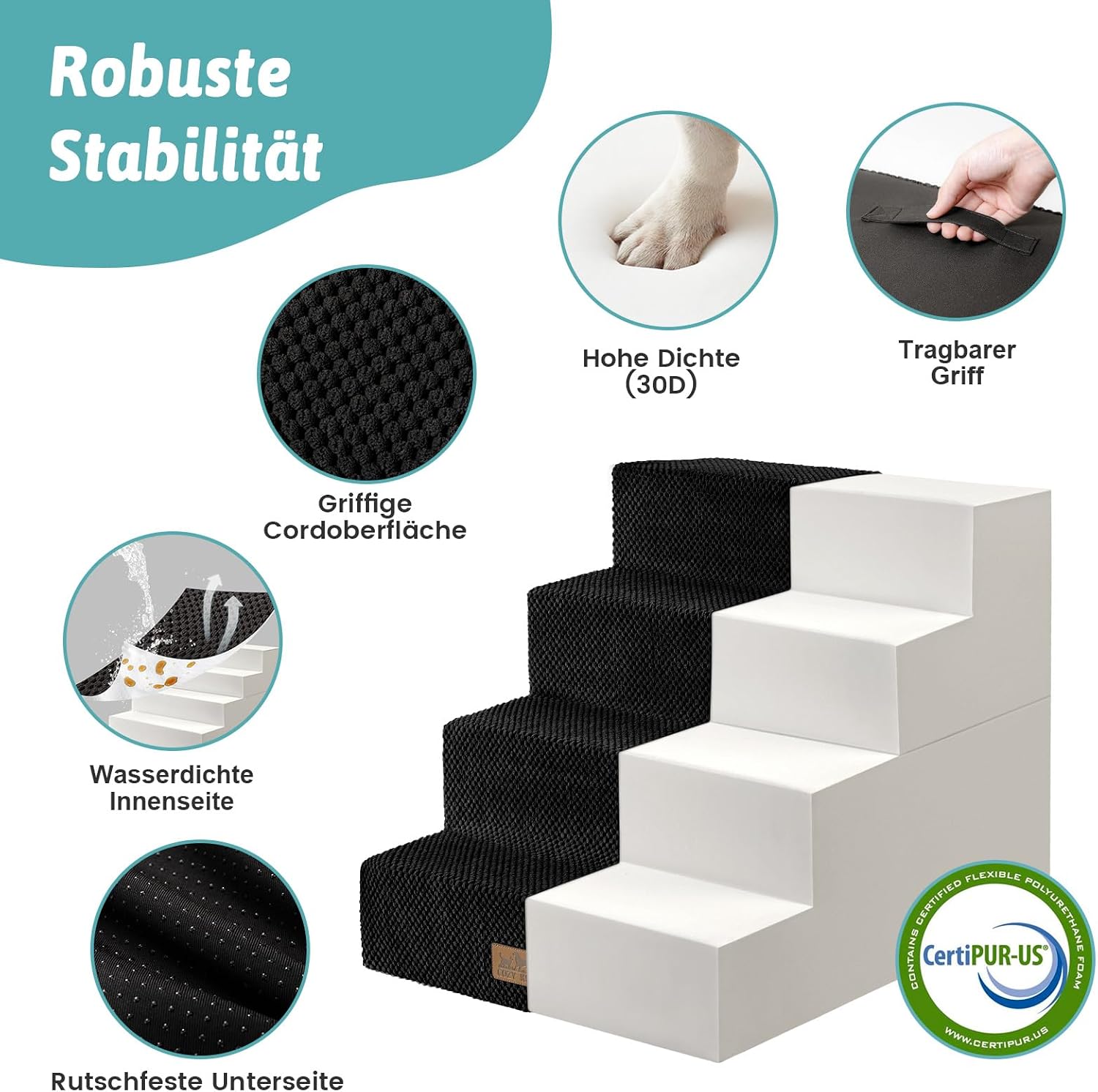 Detalle de Hundetreppe 4 Stufen 45 cm Hoch – 2-in-1 Rampe für Hunde & Katzen, faltbar, 40x60x45 cm, Schwarz