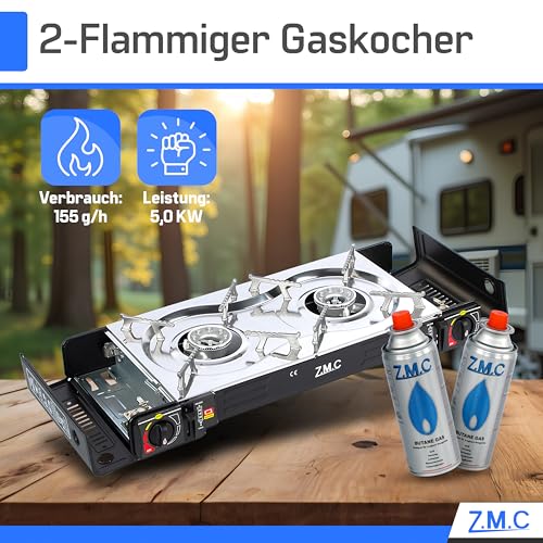 Detalle de Z.M.C Gaskocher Campingkocher 2-flammig mit Grillplatte und 4x 227 g Kartuschen