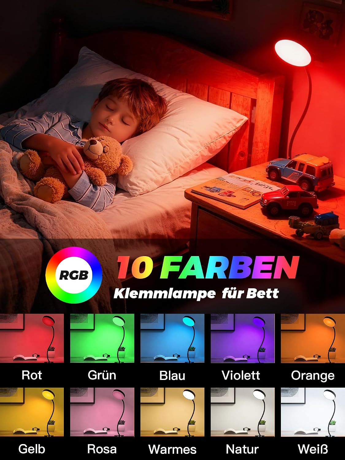 Detalle 2 de Lampe de Bureau à Pince ReinHoo 72 LED RGB – 10 teintes + 10 niveaux, USB