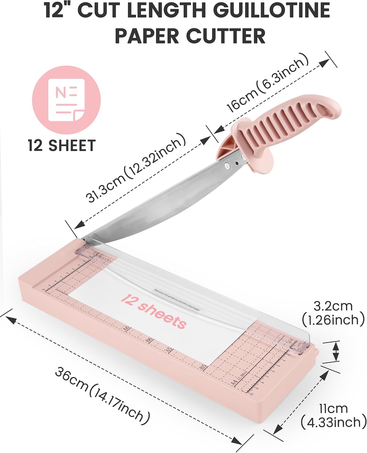 Detalle de MAKEASY STC408 12-Inch Guillotine Paper Cutter, 12-Sheet Capacity, Pink