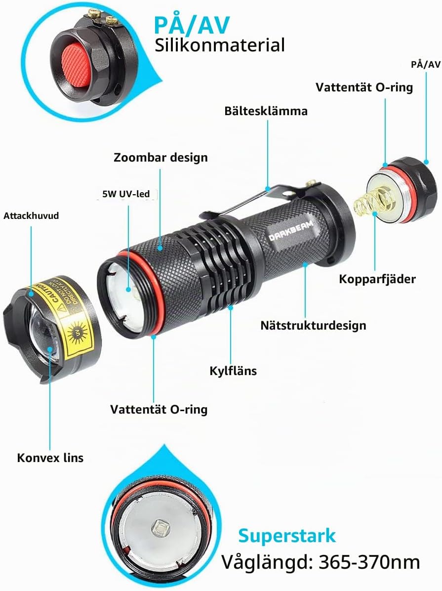 Detalle 1 de DARKBEAM SK68 UV-ficklampa 365 nm, 2-pack med justerbar fokusering