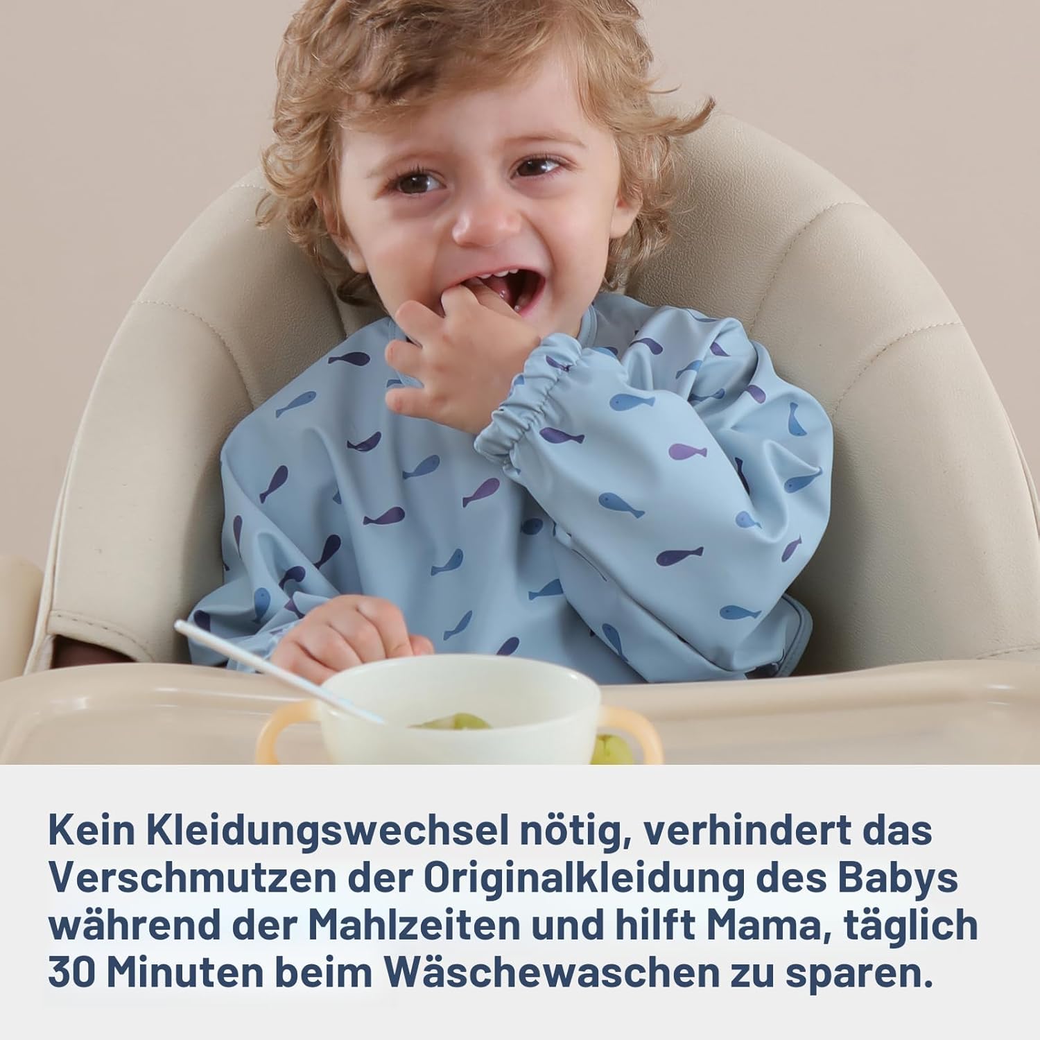 Detalle de Yiupea Lätzchen mit Ärmeln „Mess Proof“ (Baby Led Weaning), wasserdicht & maschinenwaschbar – Blau, 6–24 Monate