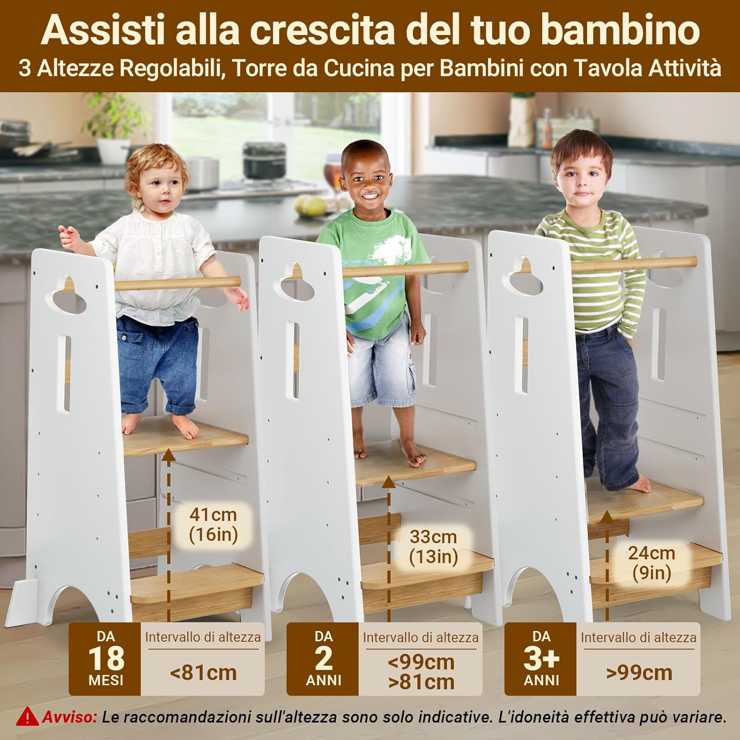 Thumbnail 2 de COSYLAND Torre Montessoriana per Bambini - 3 Altezze, 100 kg, Bianco Classico & Naturale