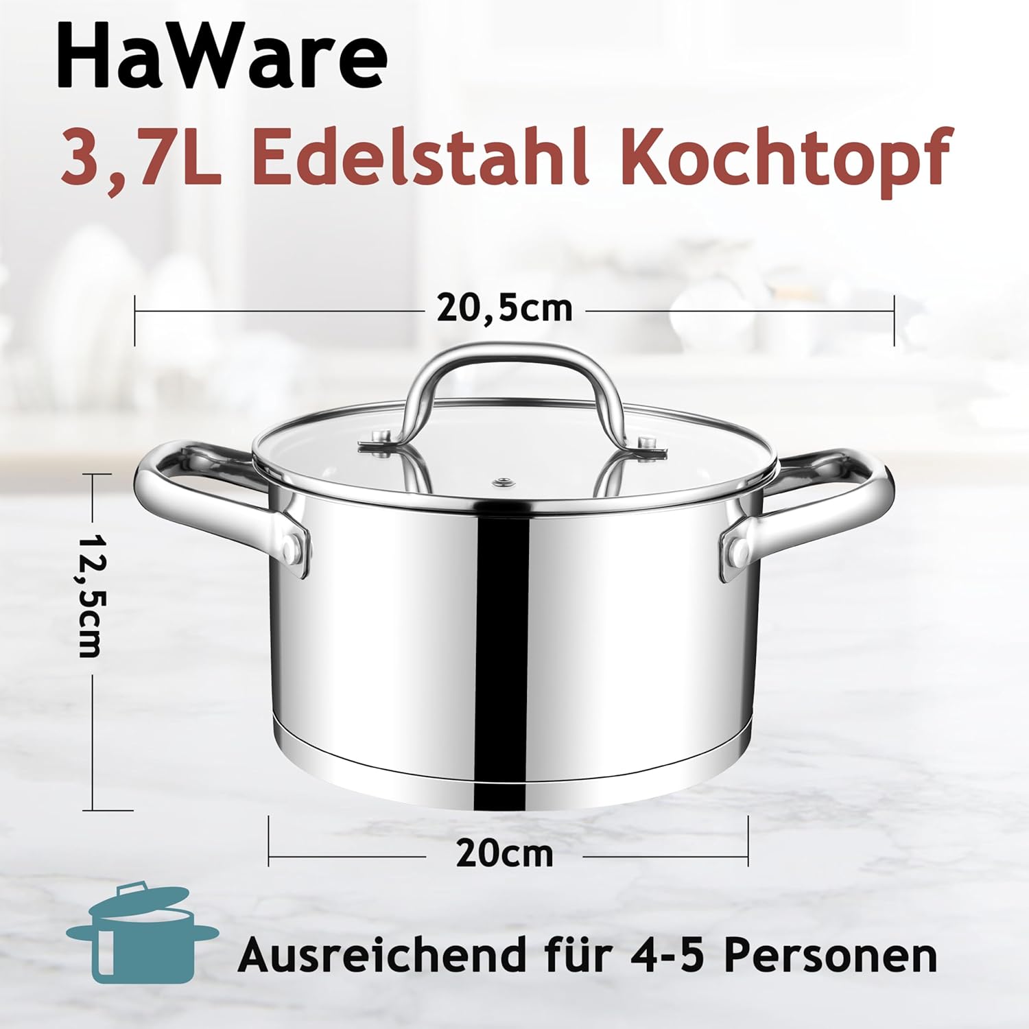 Thumbnail 1 de HaWare Kochtopf 20 cm aus Edelstahl (Induktion) mit Glasdeckel, 3,7 l
