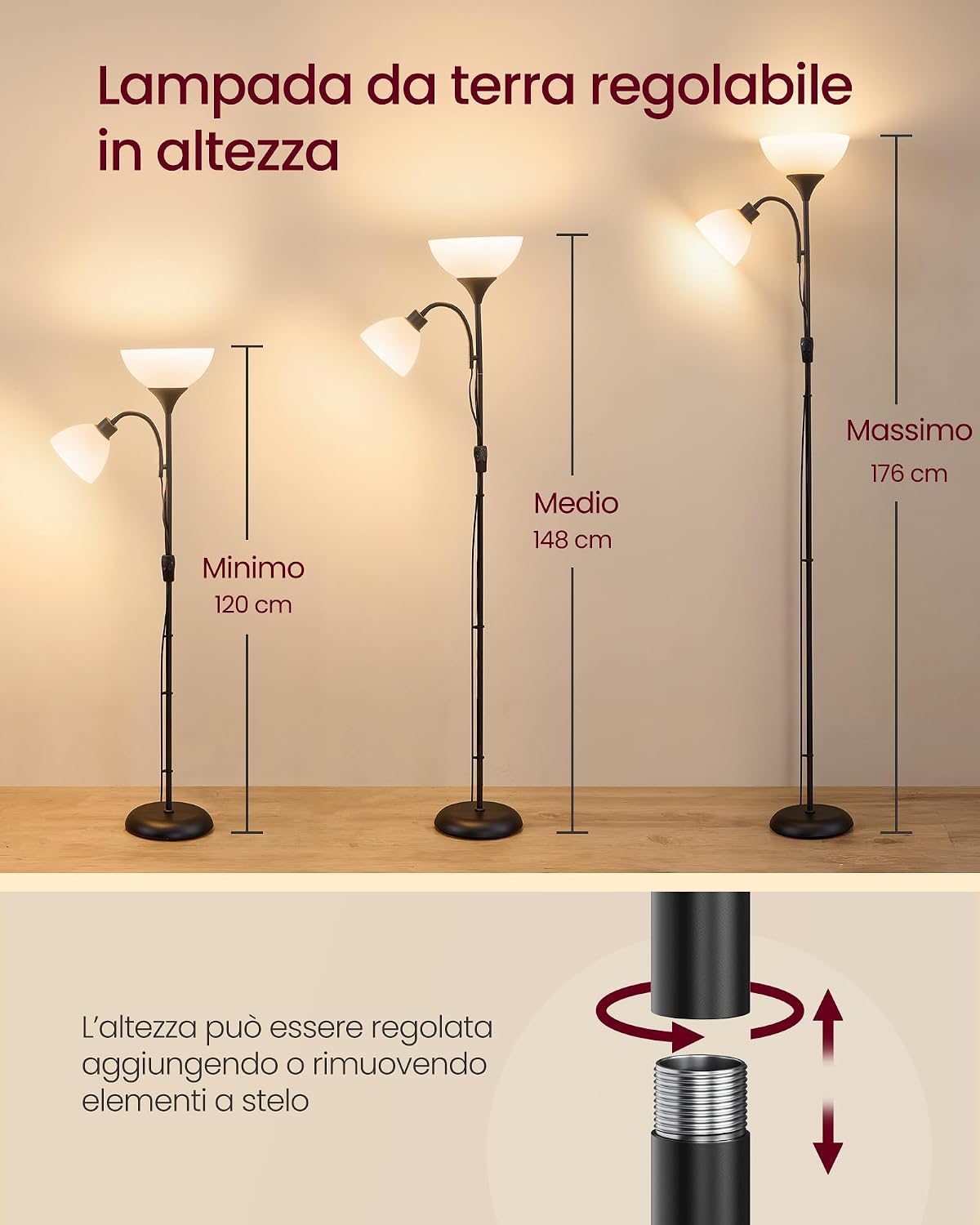 Detalle de VASAGLE Lampada da Terra con Braccio Regolabile Lusia LFL019B102: stile moderno e illuminazione versatile per living e ufficio
