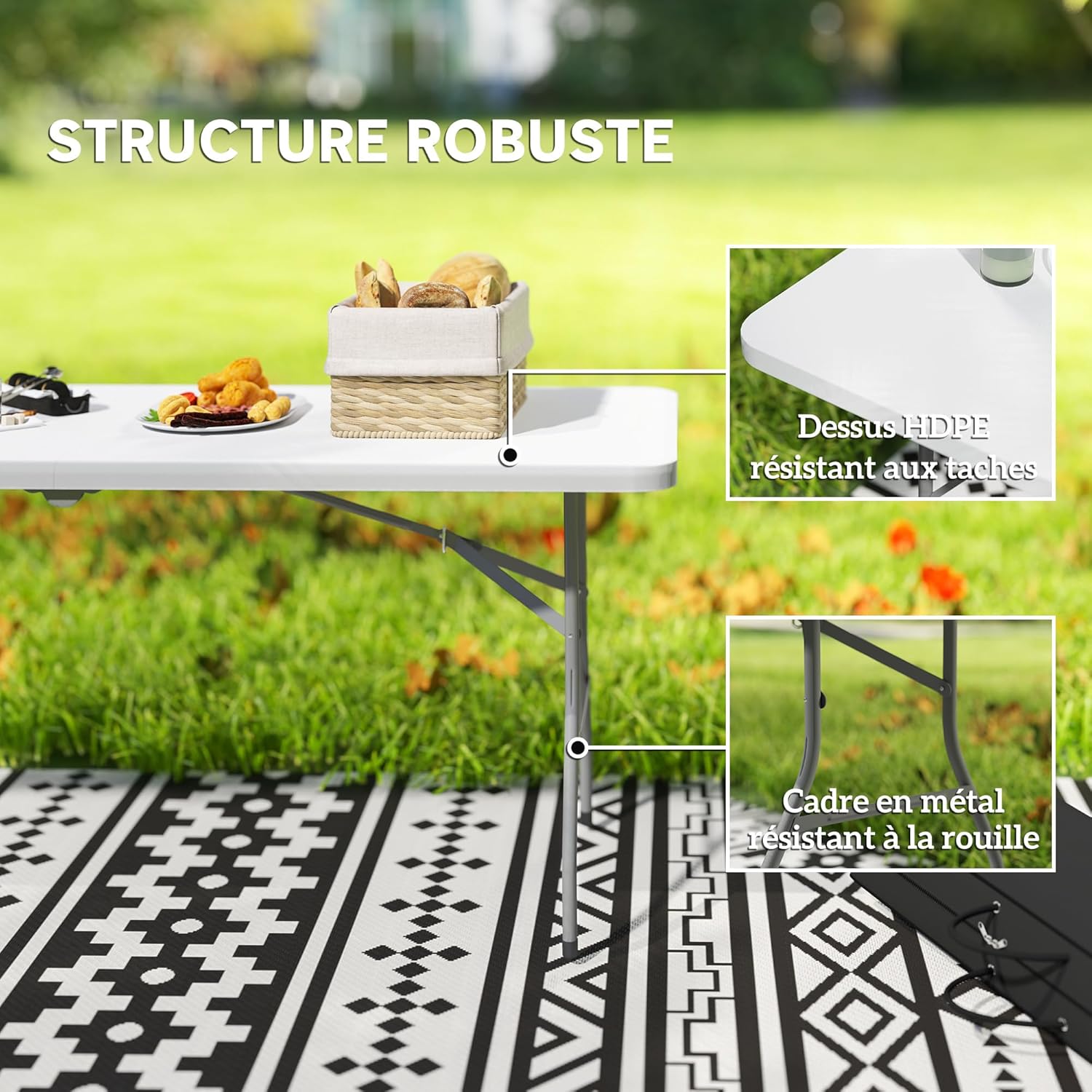 Detalle de Outsunny Table Pliante en HDPE 180 x 74 x 74 cm – portable et robuste pour l’extérieur