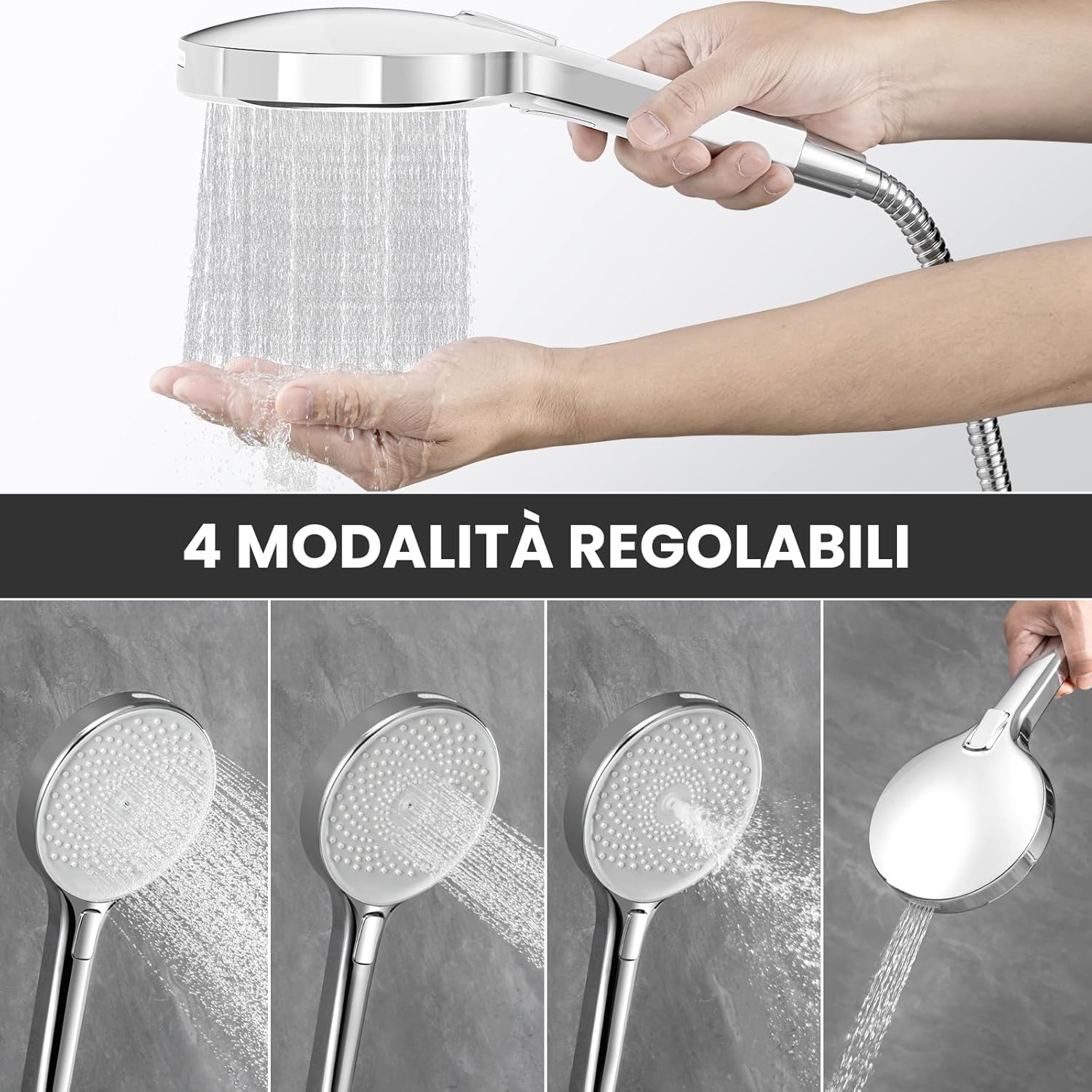 Thumbnail 1 de Auralum Soffione Doccia Anticalcare con Testa 140 mm: 4 Modalità, Alta Pressione e Risparmio Idrico