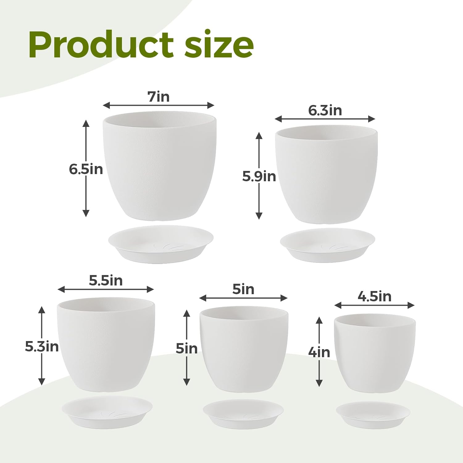 Thumbnail 4 de Bamworld 5 Pack Indoor Plant Pots with Saucers and Drainage Holes (White) – multi-size plastic planters