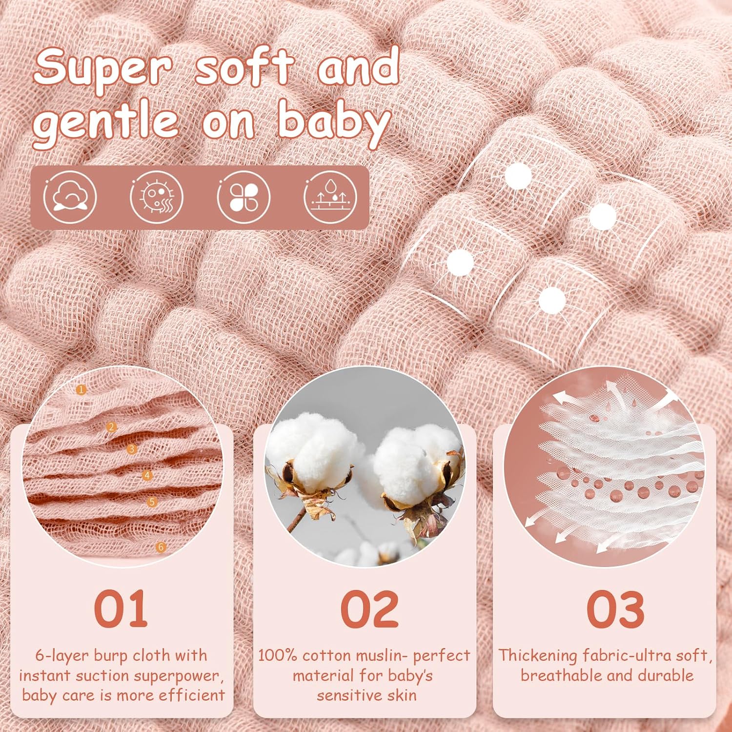 Thumbnail 1 de Looxii Muslin Burp Cloths, 6-Pack, 6-Layer Cotton, Gradient Pink, 20" x 10