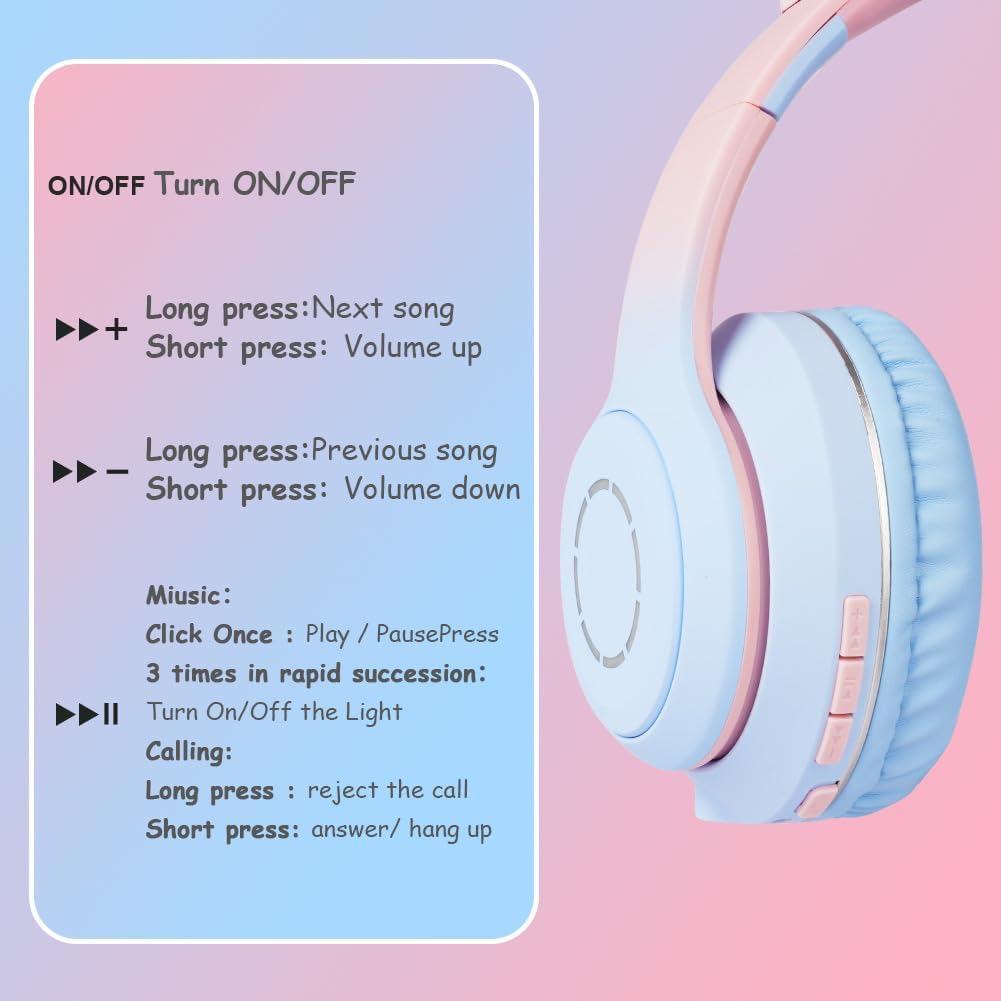 Thumbnail 4 de AXFEE Kinder-Kopfhörer mit Katzenohren – Bluetooth Over-Ear, LED, faltbar, Mikrofon, SD/TF, 105 dB Sicherung (Blau)