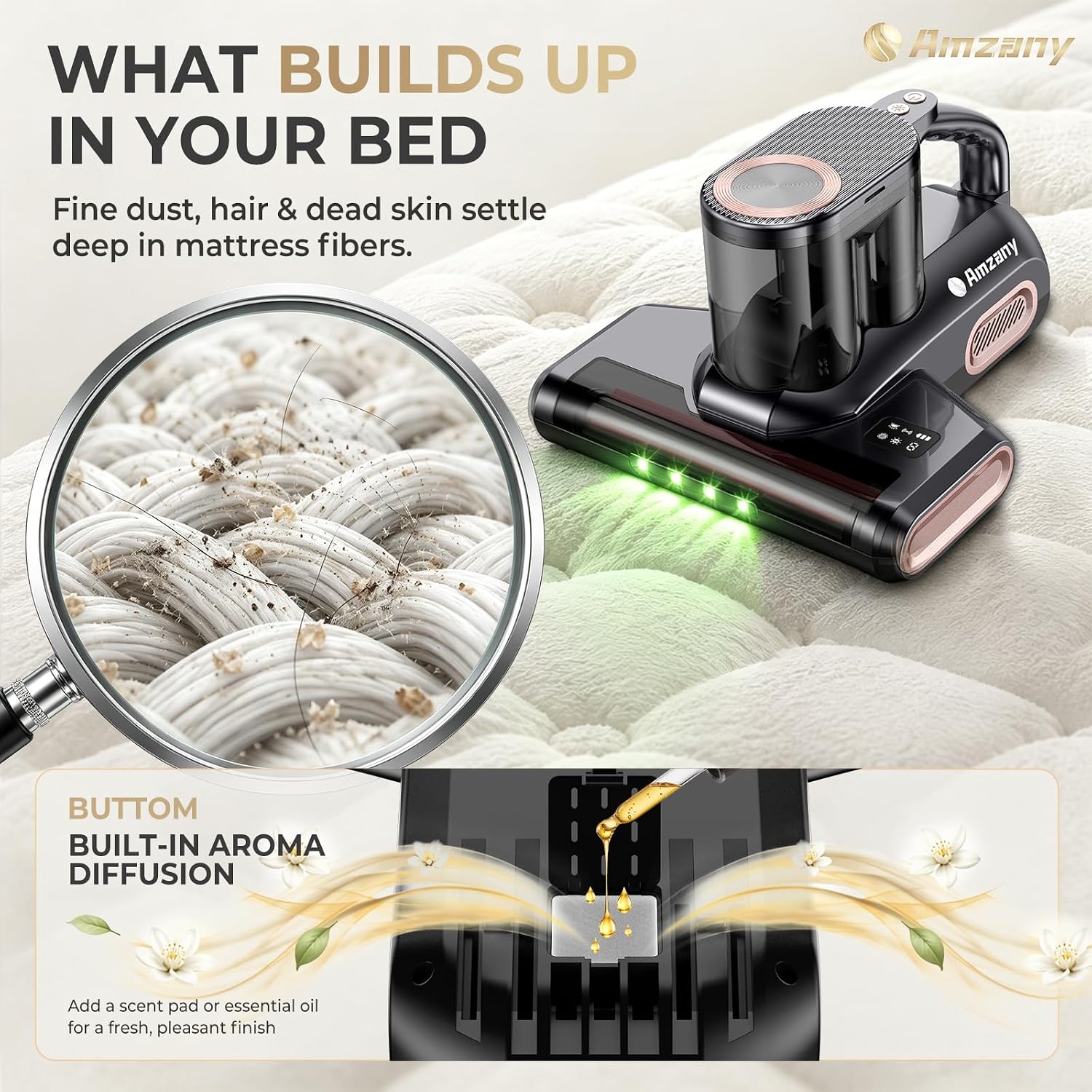 Detalle 1 de Amzany Cordless Mattress Vacuum with 18Kpa Suction, UV-C Light and HEPA Filter