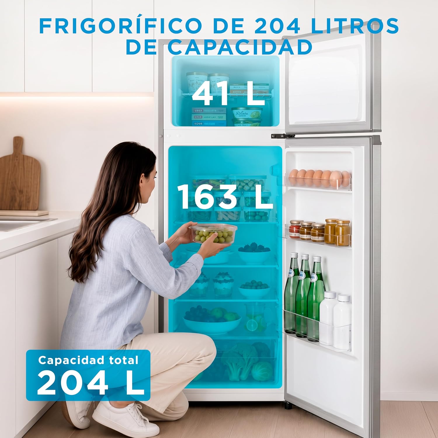 Detalle de Frigorífico Midea de 2 puertas 204 L con congelador Low Frost, 140 cm alto, acero inox