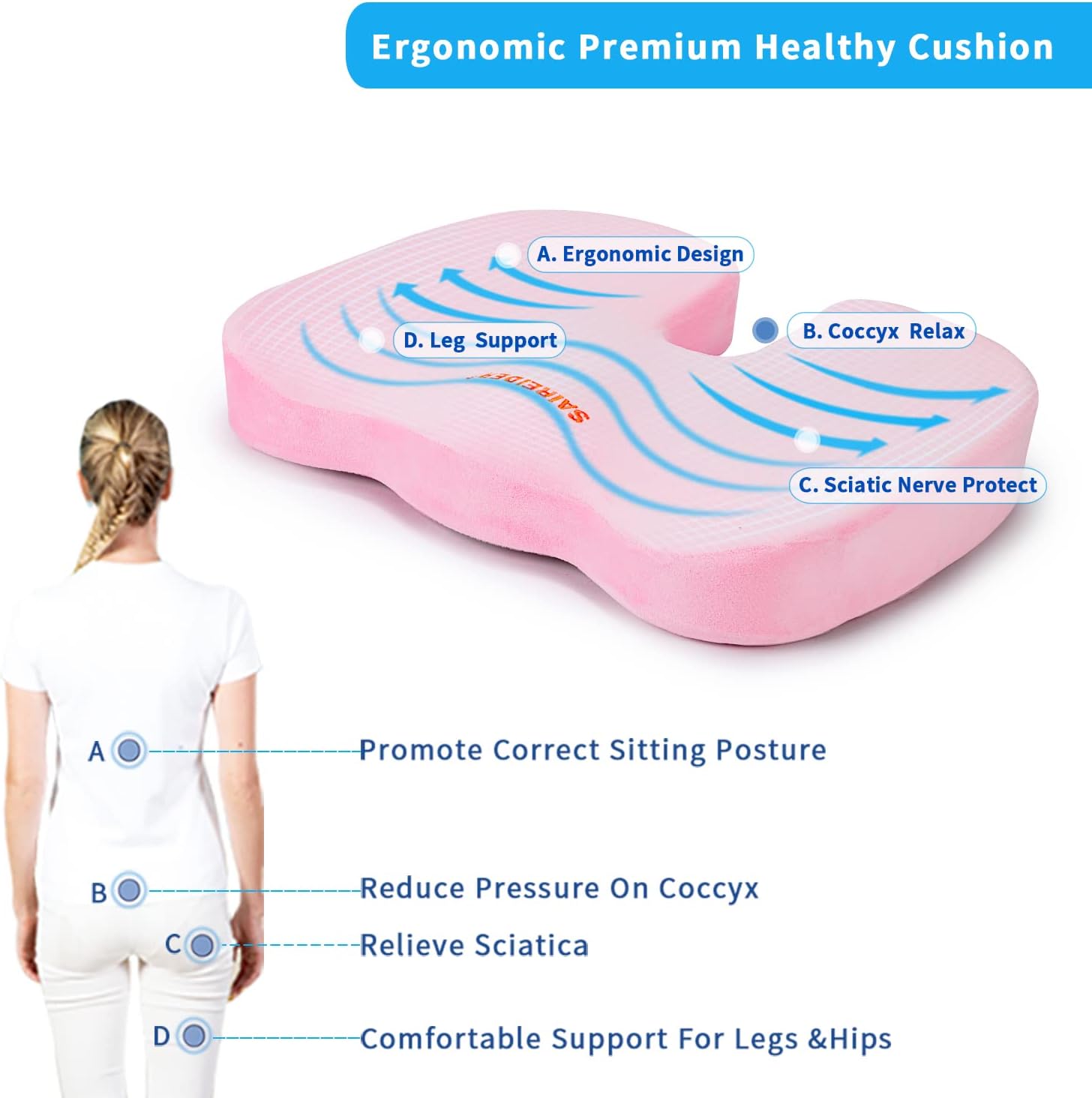 Detalle de SAIREIDER SrdSeatCushion-A01P Memory Foam Seat Cushion, Pink