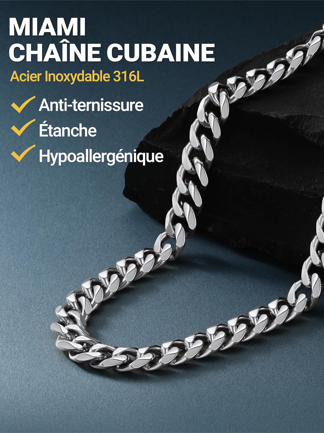 Thumbnail 1 de PROSTEEL Collier homme chaîne cubaine en acier inoxydable 316L / plaqué or, noir ou doré : largeurs 6/9/12 mm