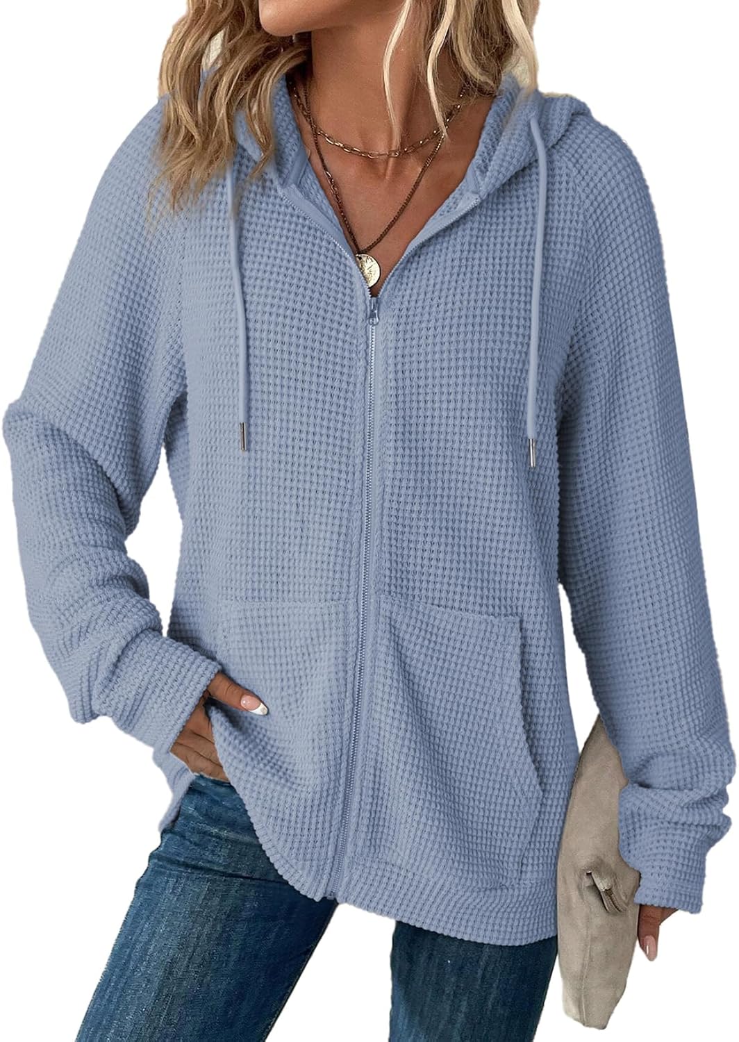 Detalle de Dokotoo Women's Waffle Knit Full Zip Hooded Sweatshirt