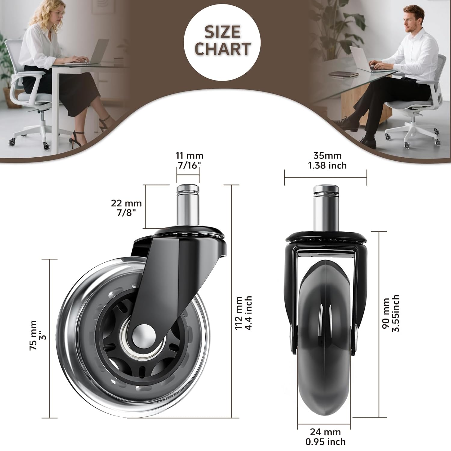 Thumbnail 1 de ASHGOOB TR04 Office Chair Wheels, 20-Pack 3-Inch PU Casters
