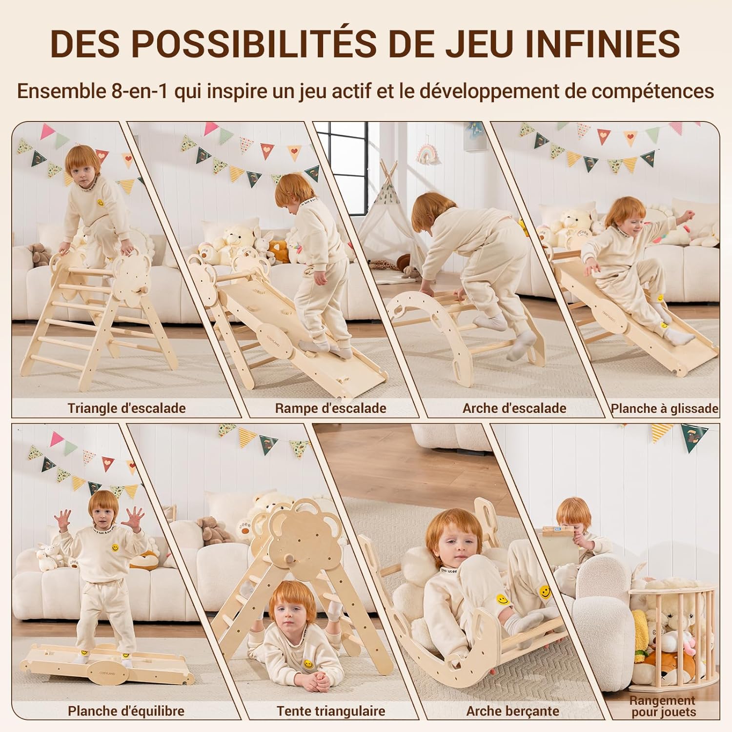 Thumbnail 2 de COSYLAND Triangle d’Escalade Montessori 8-en-1 en Bois – Jeu d’éveil évolutif pour enfants 1–6 ans (Naturel)