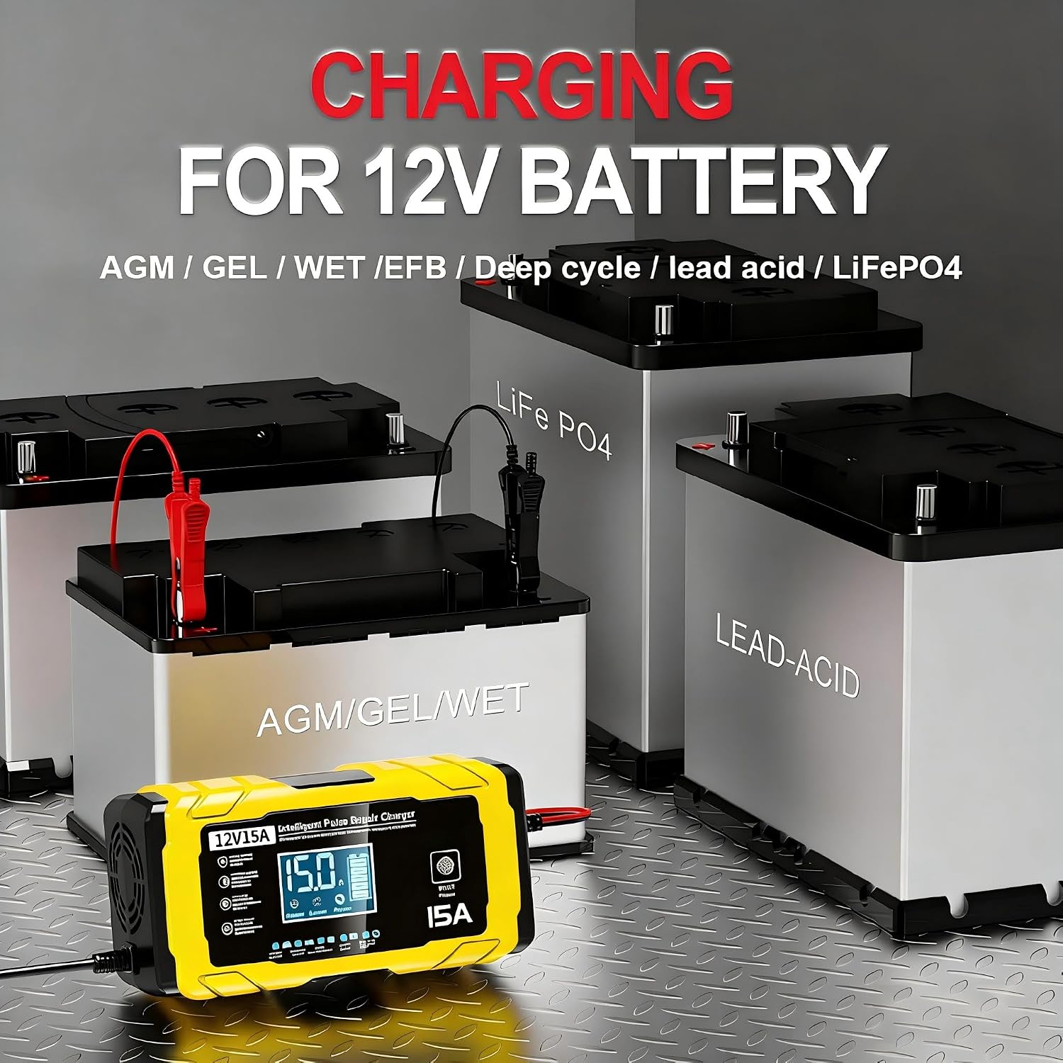 Detalle de AILRINNI 15A Chargeur de Batterie Voiture – 12V 15A, Intelligent et Automatique