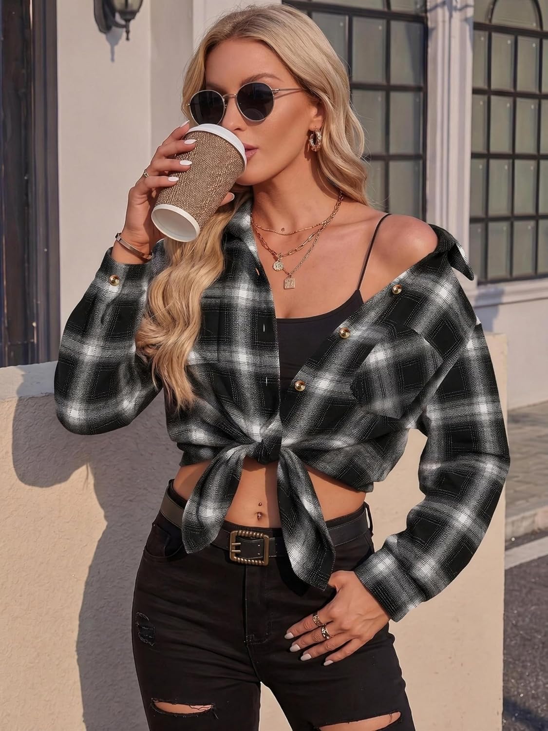 Detalle 2 de Zeagoo Women's Flannel Plaid Button-Down Shirt, Long-Sleeve Casual Shacket