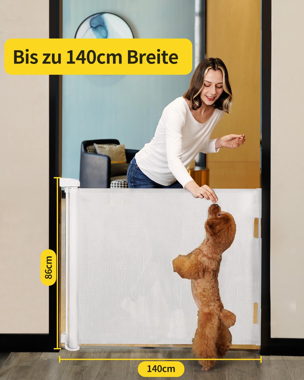 Detalle de Retraktierbares Sicherheitsgitter für Babys & Haustiere – extra breit & hoch, 0–180 cm, für Türen & Treppen (weiß)