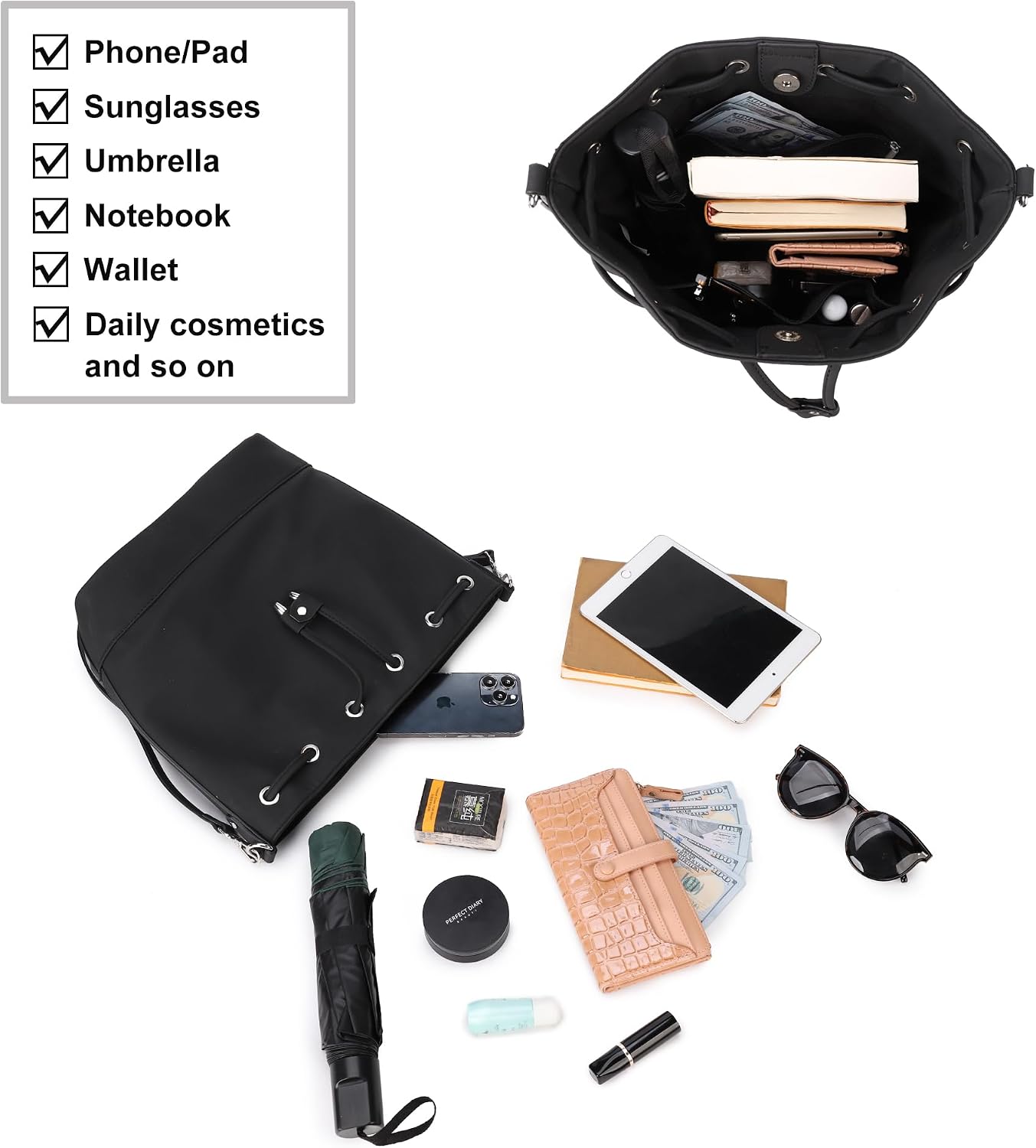 Detalle 2 de AFKOMST Bucket Bag for Women with Drawstring Closure and Adjustable Shoulder Strap