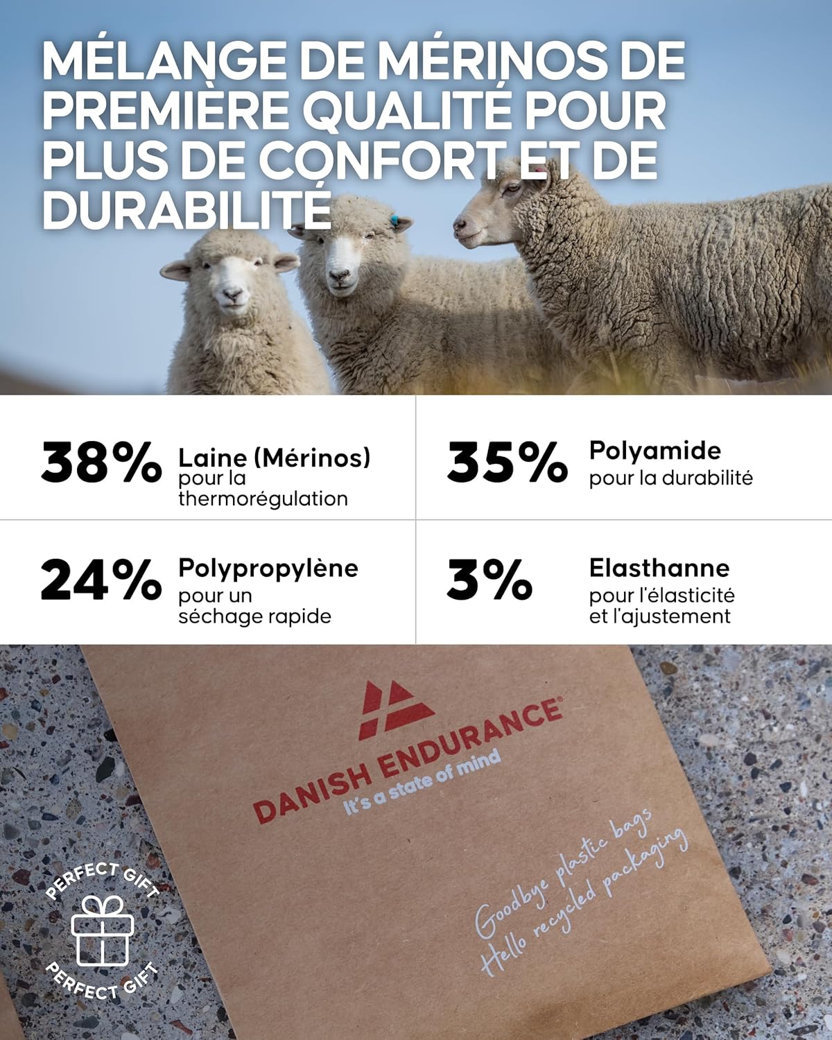 Thumbnail 4 de DANISH ENDURANCE Chaussettes de randonnée en laine mérinos (lot de 2) – confort anti-rayures pour hommes et femmes