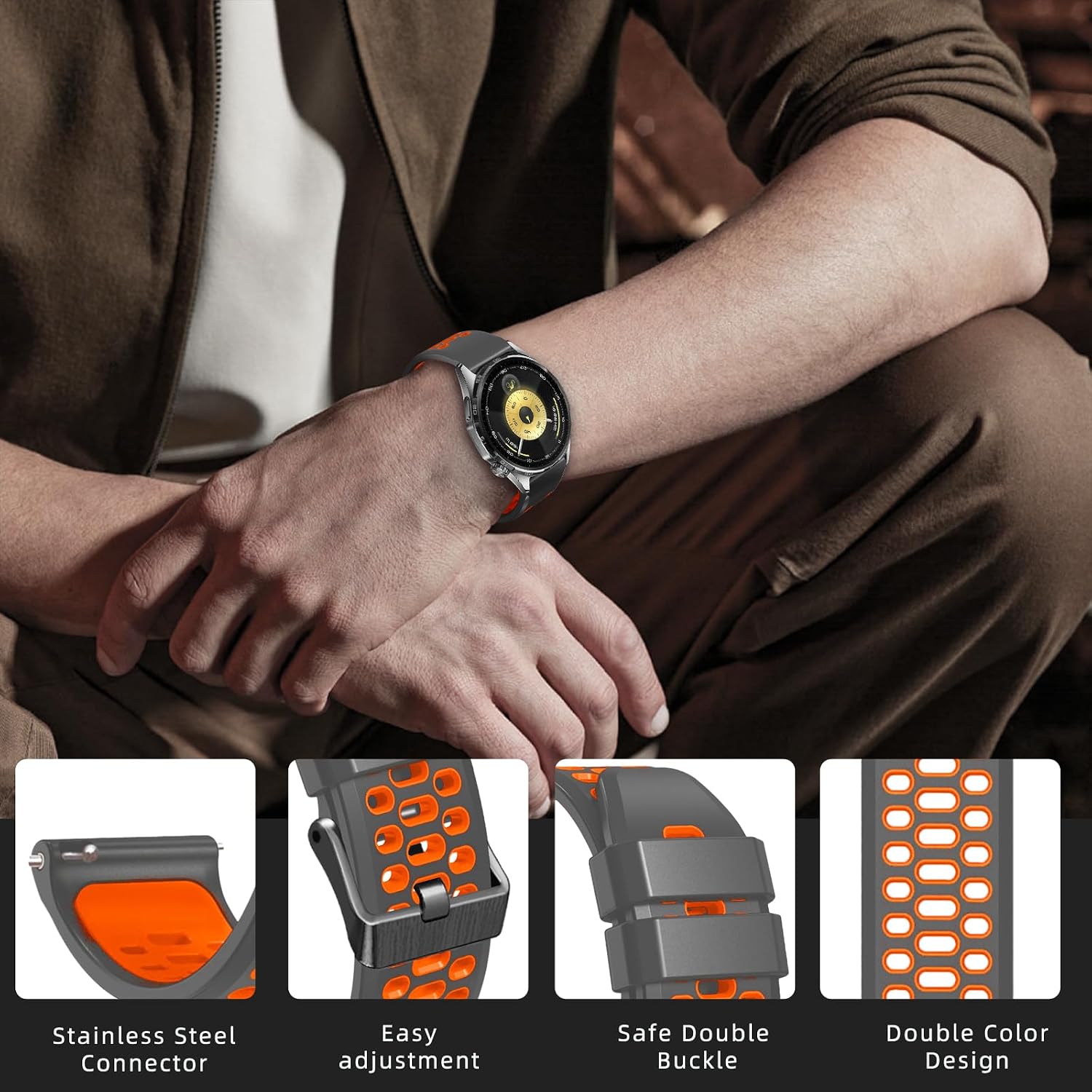 Detalle de RosMank 22mm Silicone Watch Strap for Huawei Watch GT6 Pro / GT6 / GT5 Pro / GT5 / GT4 / GT3 (46mm) – Two Colour Replacement Band