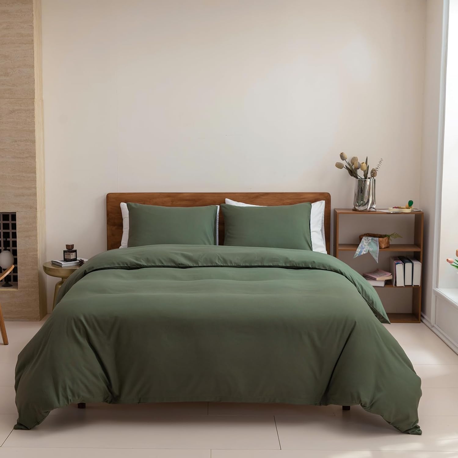 Detalle de TTCM JF-CHUNSE-007 Queen Duvet Cover Set, Olive Green, Zipper, 3-Piece