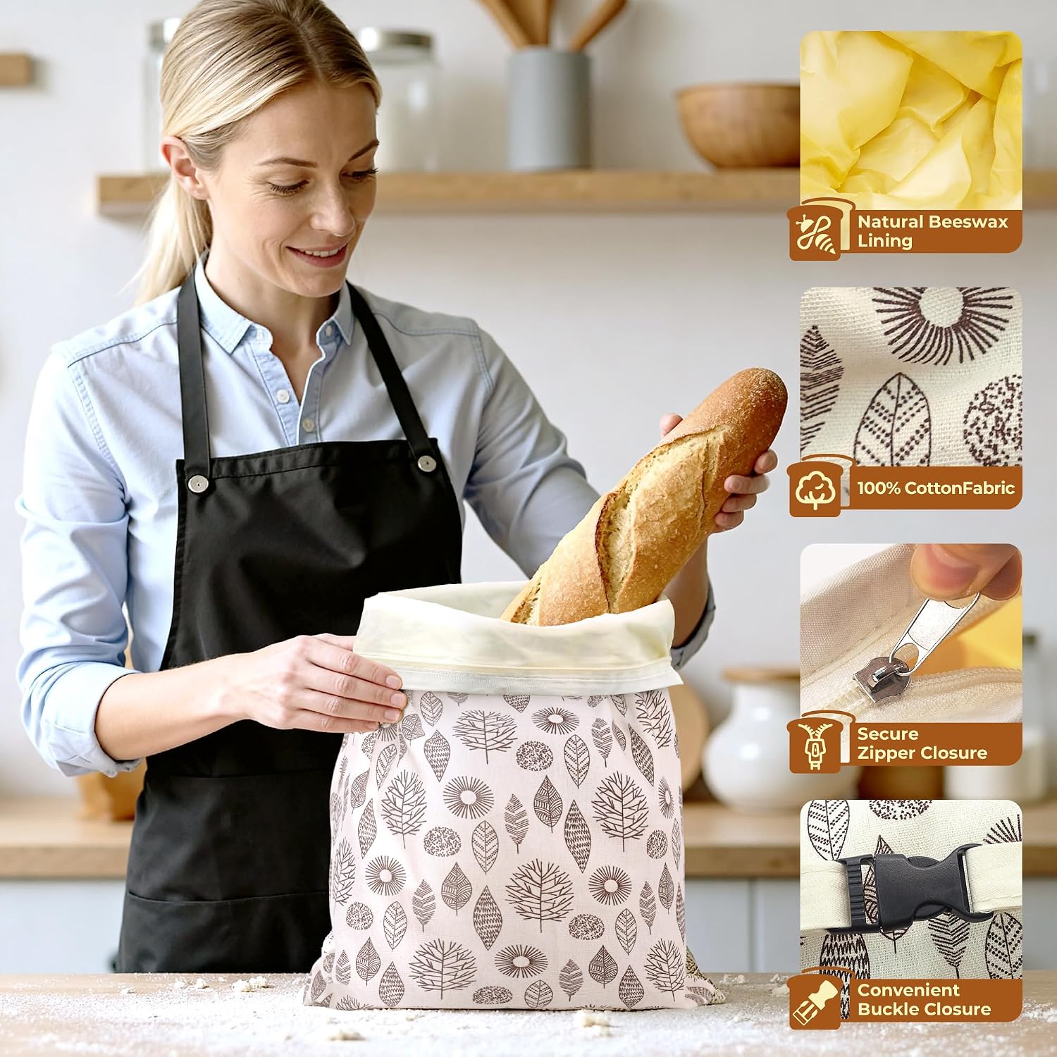 Detalle de OHIYO Reusable Beeswax Bread Bags – 2 Pack, 43x33 cm