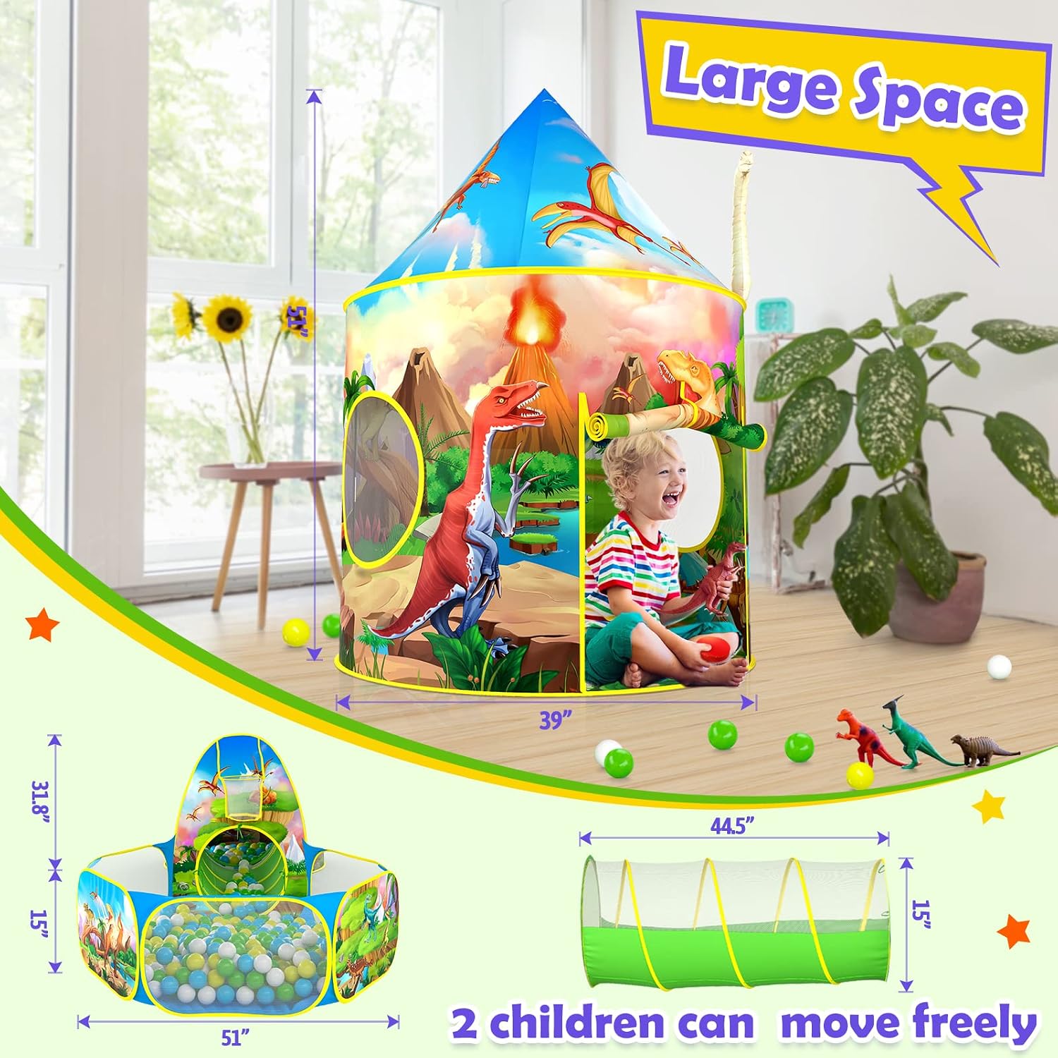Thumbnail 6 de 3PC Dinosaur Tent for Boys with Ball Pit, Tunnel & Pop Up Playhouse