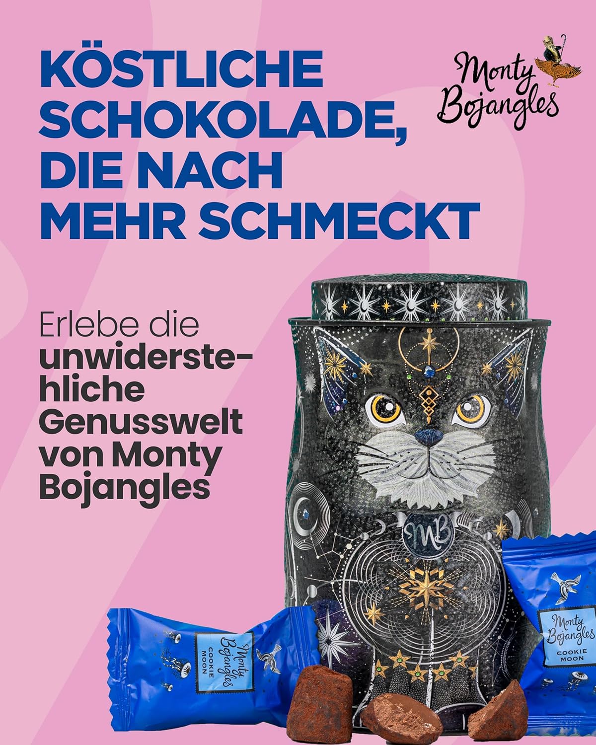 Detalle de Monty Bojangles Savanna Gold Schokoladentrüffel (135 g) – Flutter Scotch in Katzen-Design Sammlerdose