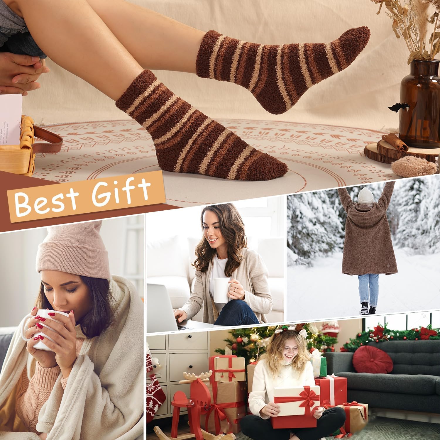 Detalle de Toes Home Fuzzy Socks for Women, 6 Pairs of Cozy Microfiber Slipper Socks