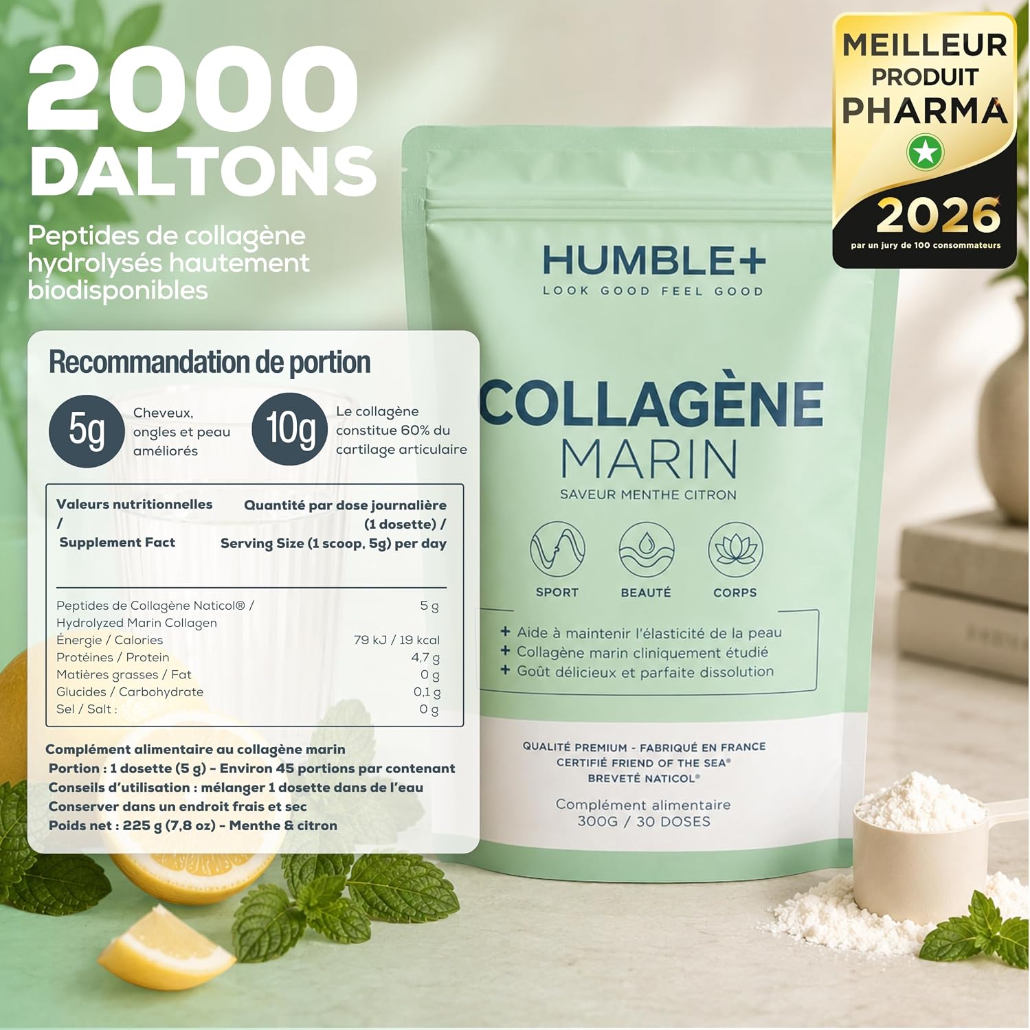 Detalle de Collagène Marin Naticol® en poudre – Menthe-Citron, 300 g (60 doses) — Fabriqué en France, pour peau, articulations et récupération musculaire
