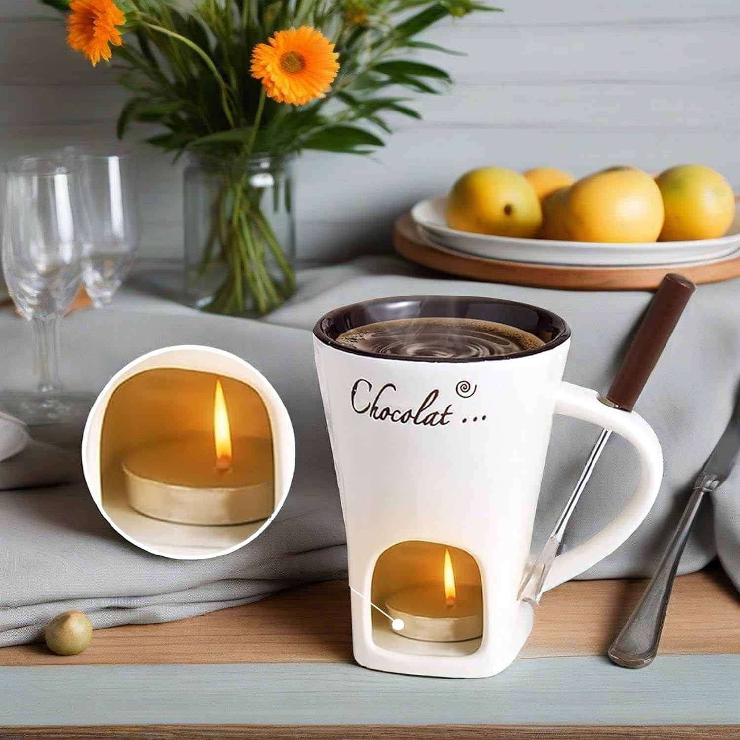 Detalle de Gienslru The Melt Mug Ceramic Tea Light Fondue Set, 130 ml