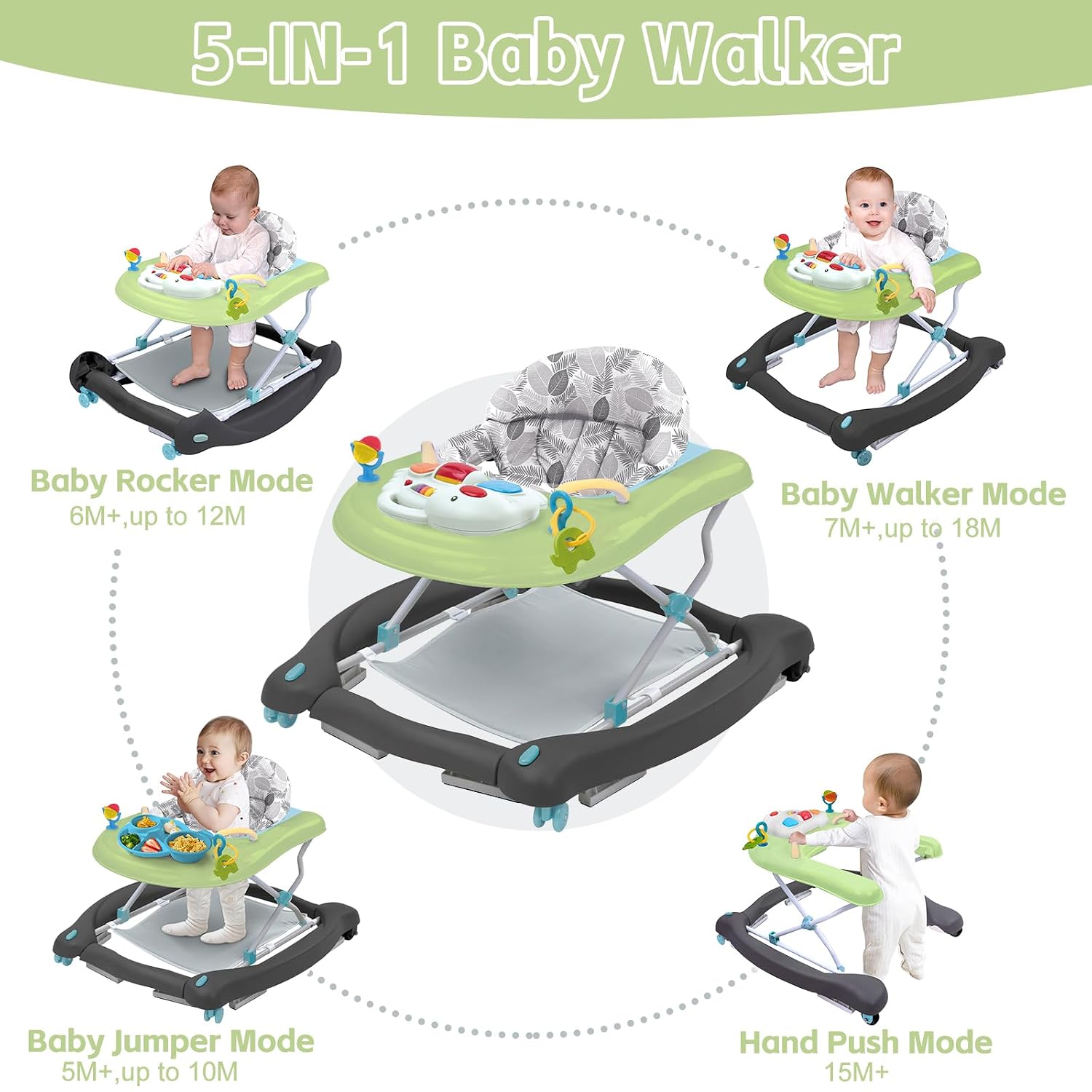 Detalle de Howeemo 5-in-1 Foldable Baby Walker with Activity Center, Rocker and 3 Heights