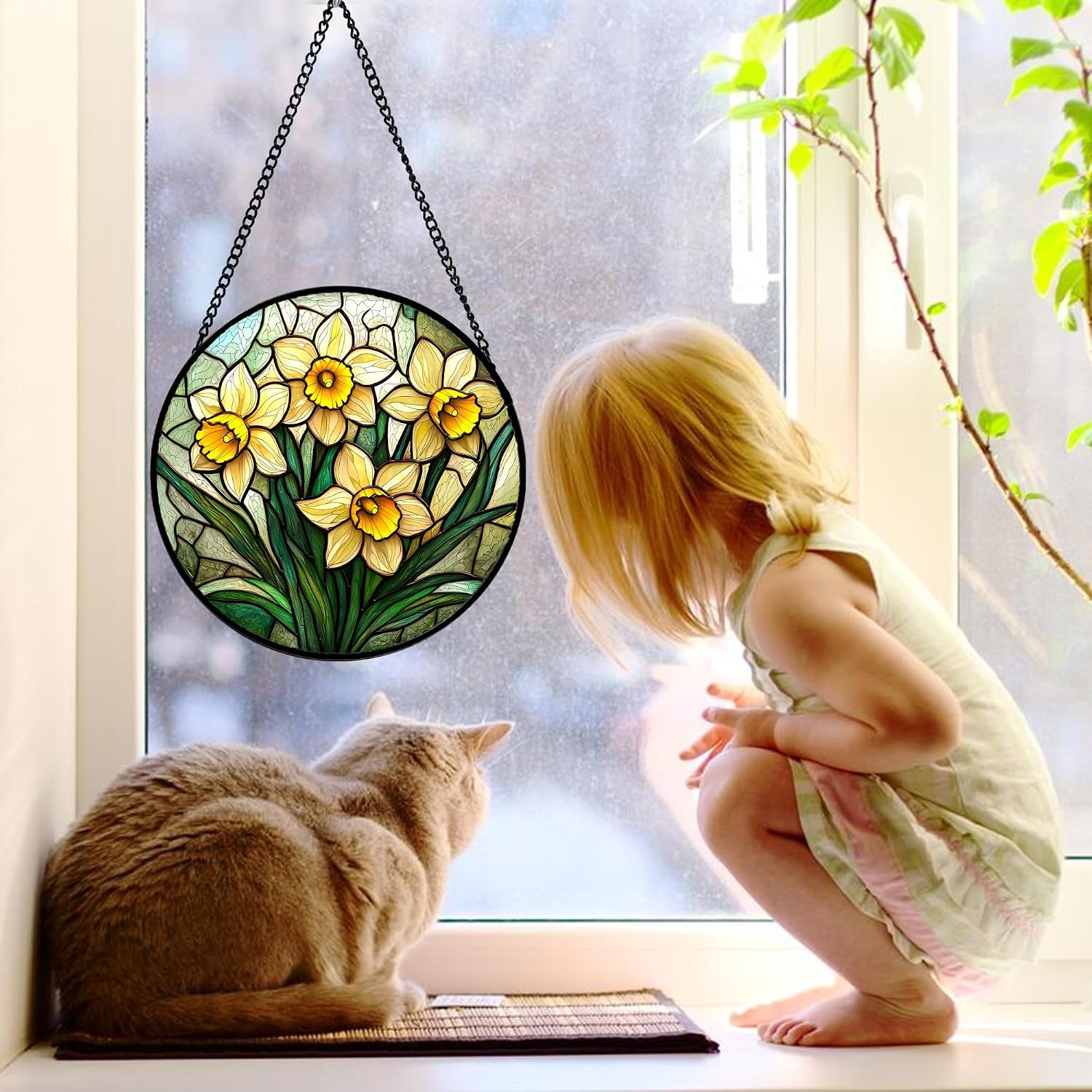 Detalle de DASTOLL Daffodil Flower Glass Suncatcher, 7.8-Inch Window Hanging