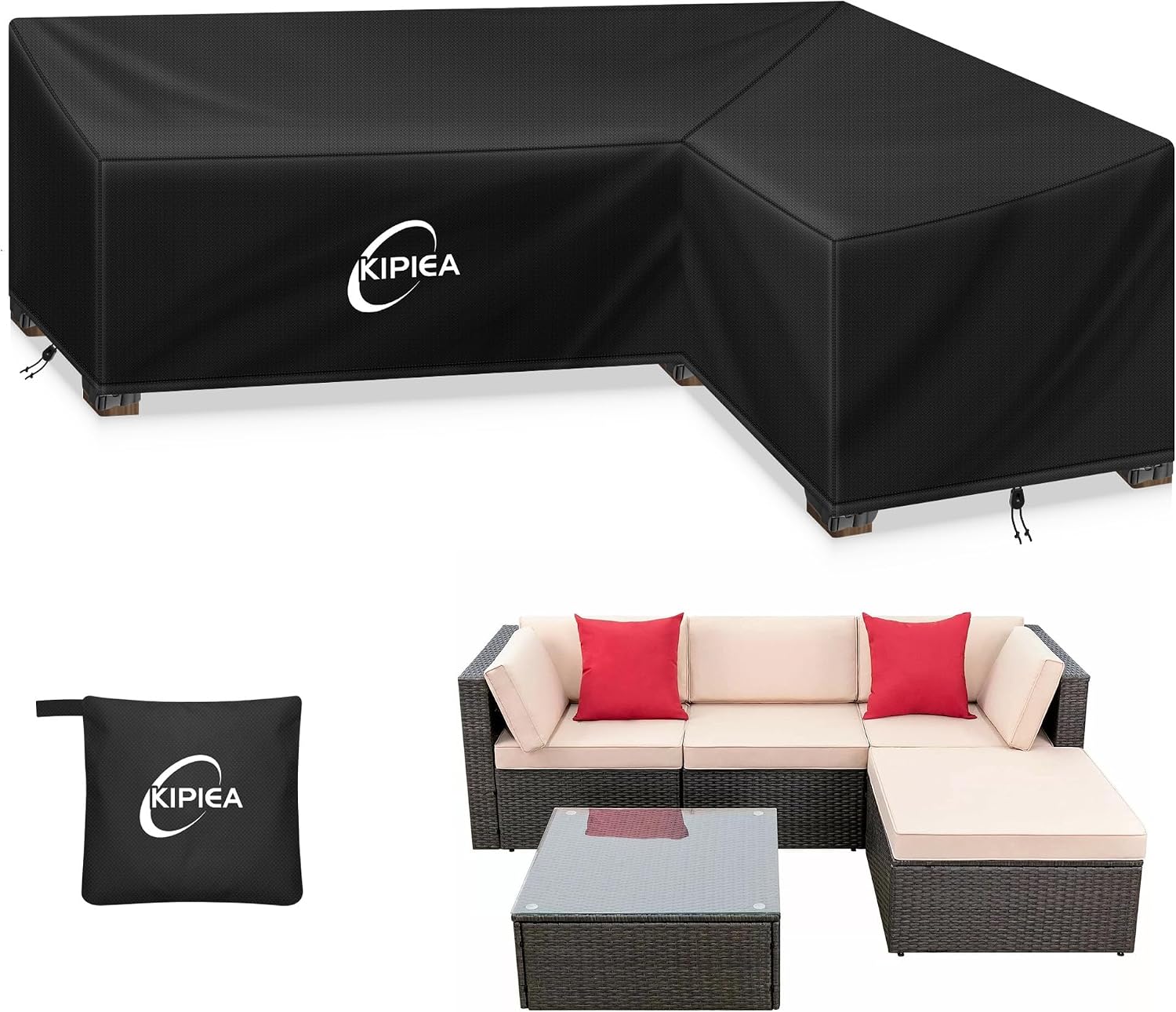 Detalle de Kipiea 216x148x85x78cm L-Shaped Sectional Cover, 420D Oxford, 6 Buckles
